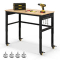 IRONMAX 48'' Adjustable Work Bench with Wheels, 1760 LBS Heavy Duty Oak Wood Table Top Workstation w/Power Strip & Foot Pad, 5 Different Height Hardwood Worktable for Workshop, Garage, Office, Home