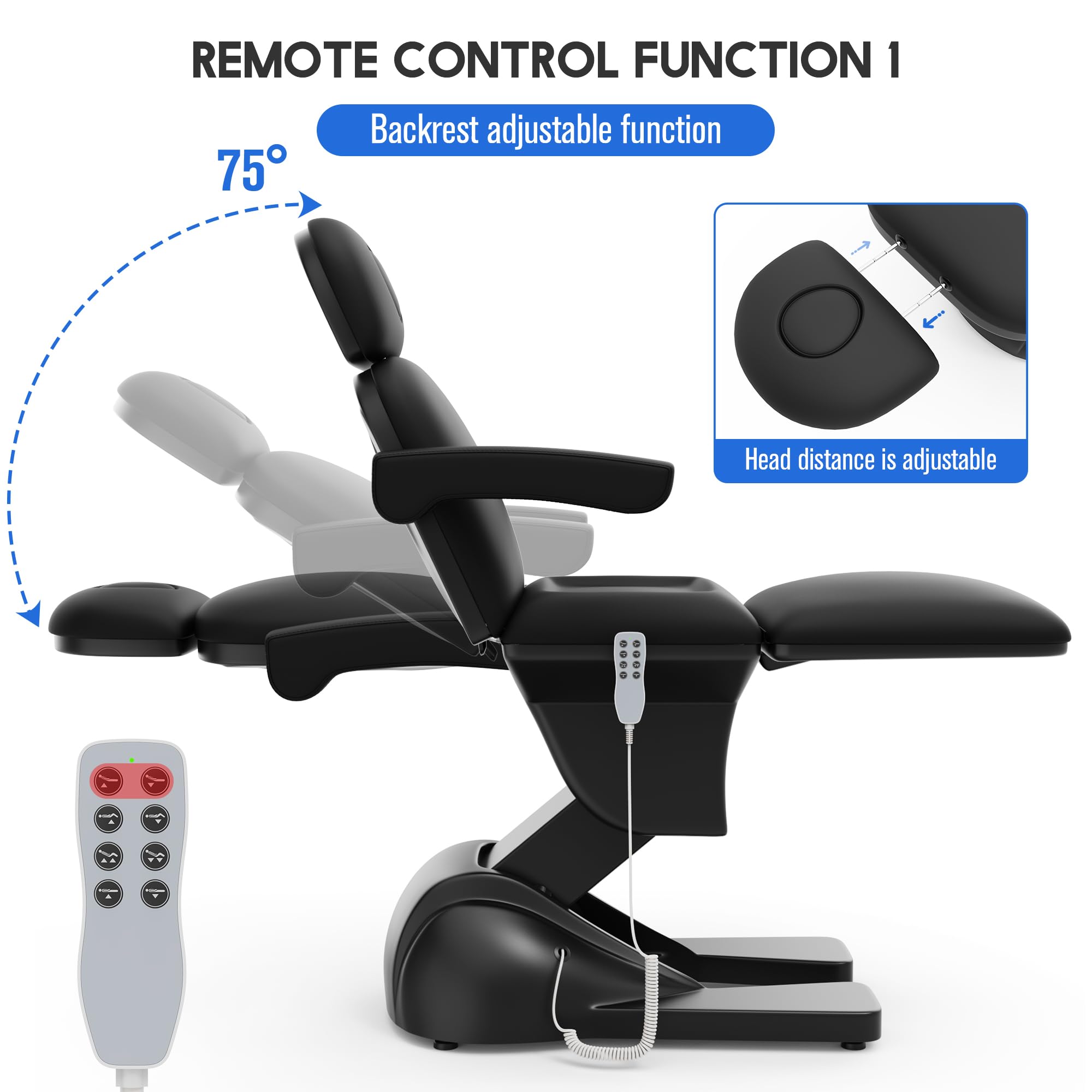 Dolonm 3 Motor Electric Chair, Hand Remote Controlled Adjustable, Hydraulic System for Medical Treatment Exam, Facial, Spa, Eyelash, Tattoo, Podiatry Treatment Beauty Massage - Black
