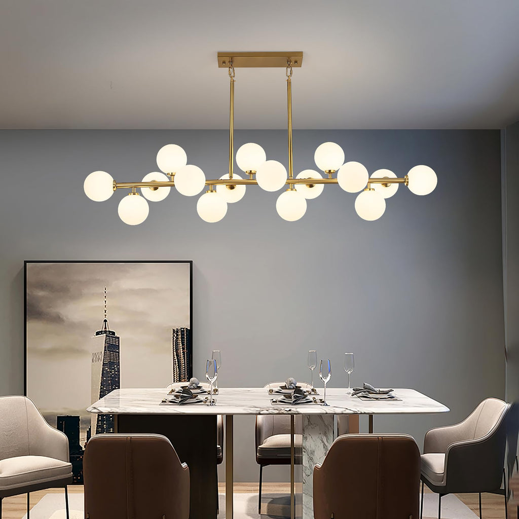 DUGHKUGH Mid Century Modern Chandelier 55in Linear Gold Pendant Lighting Fixture Linear Chandeliers for Kitchen Island, Dining Room 16-Light