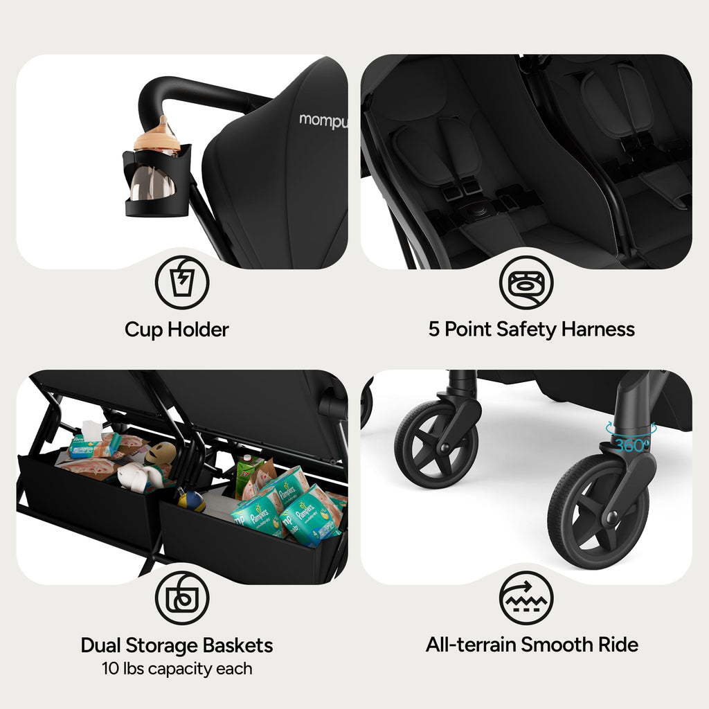 Mompush Lithe Double Stroller for Infant and Toddler, Lightweight Side by Side Twin Stroller, Only 25 lbs, 30-Inch Slim Fit Through Doorways, One-Step Fold, Independent Recline, UPF 50+ Canopy