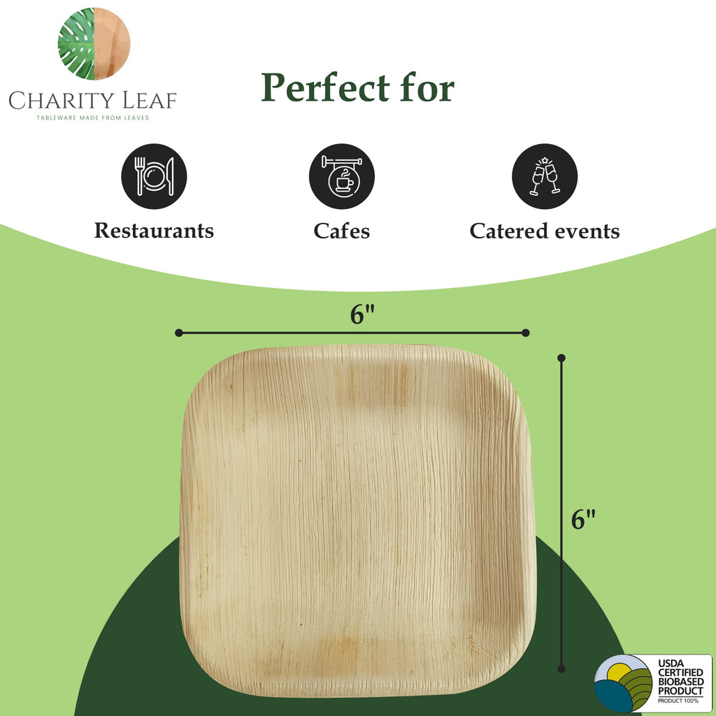 Charity Leaf Disposable Palm Leaf 6" Square Plates (1000 pieces) Bamboo Like Serving Platters, Disposable Boards, Eco-Friendly Dinnerware For Weddings, Catering, Event