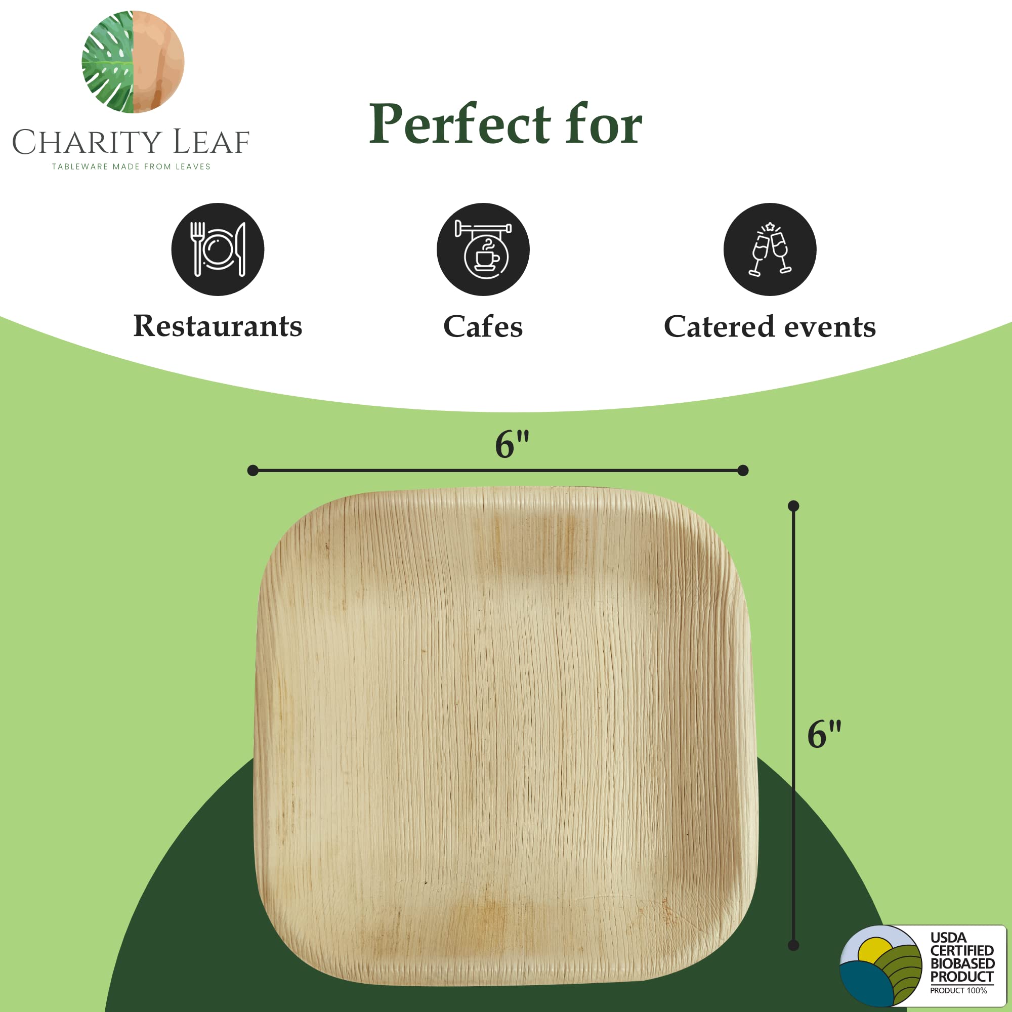Charity Leaf Disposable Palm Leaf 6" Square Plates (1000 pieces) Bamboo Like Serving Platters, Disposable Boards, Eco-Friendly Dinnerware For Weddings, Catering, Event