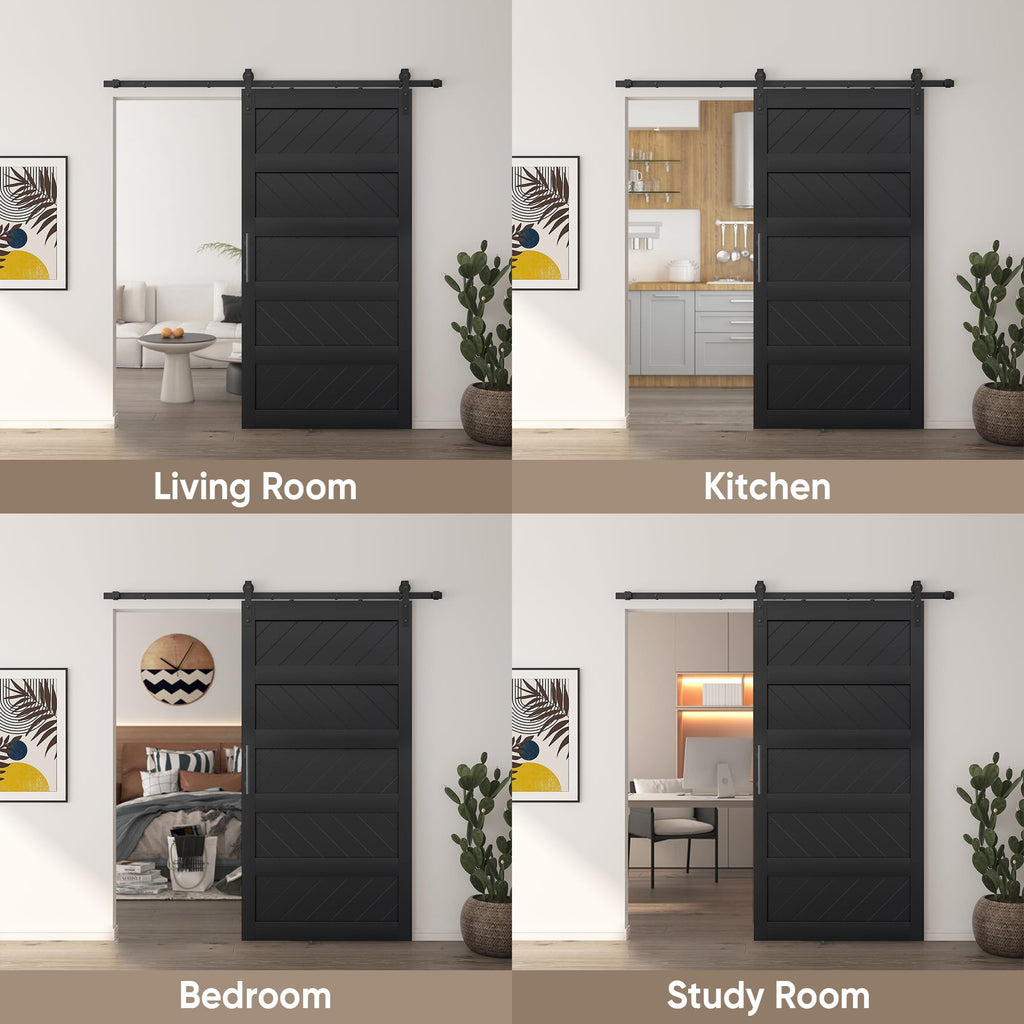 JUBEST 42" x 84" Barn Door, Slding Barn Door Kit Wav-Shape Barn Door Panel with Hardware Kit Include, Easy Installation, Solid Wood, MDF & PVC Covered, Black