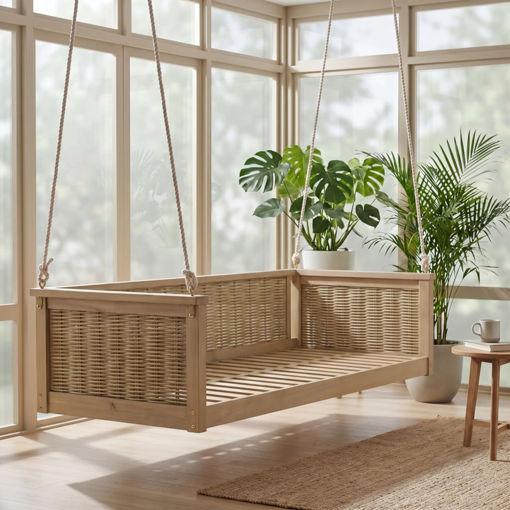 Outdoor Twin Size Porch Swing Bed w/Solid Wood Frame for Garden, All Weather Wooden Swing Bench w/Hand Woven Rattan Backrest & Armrest for Patio, Deck, Balcony, Backyard (Light Teak)