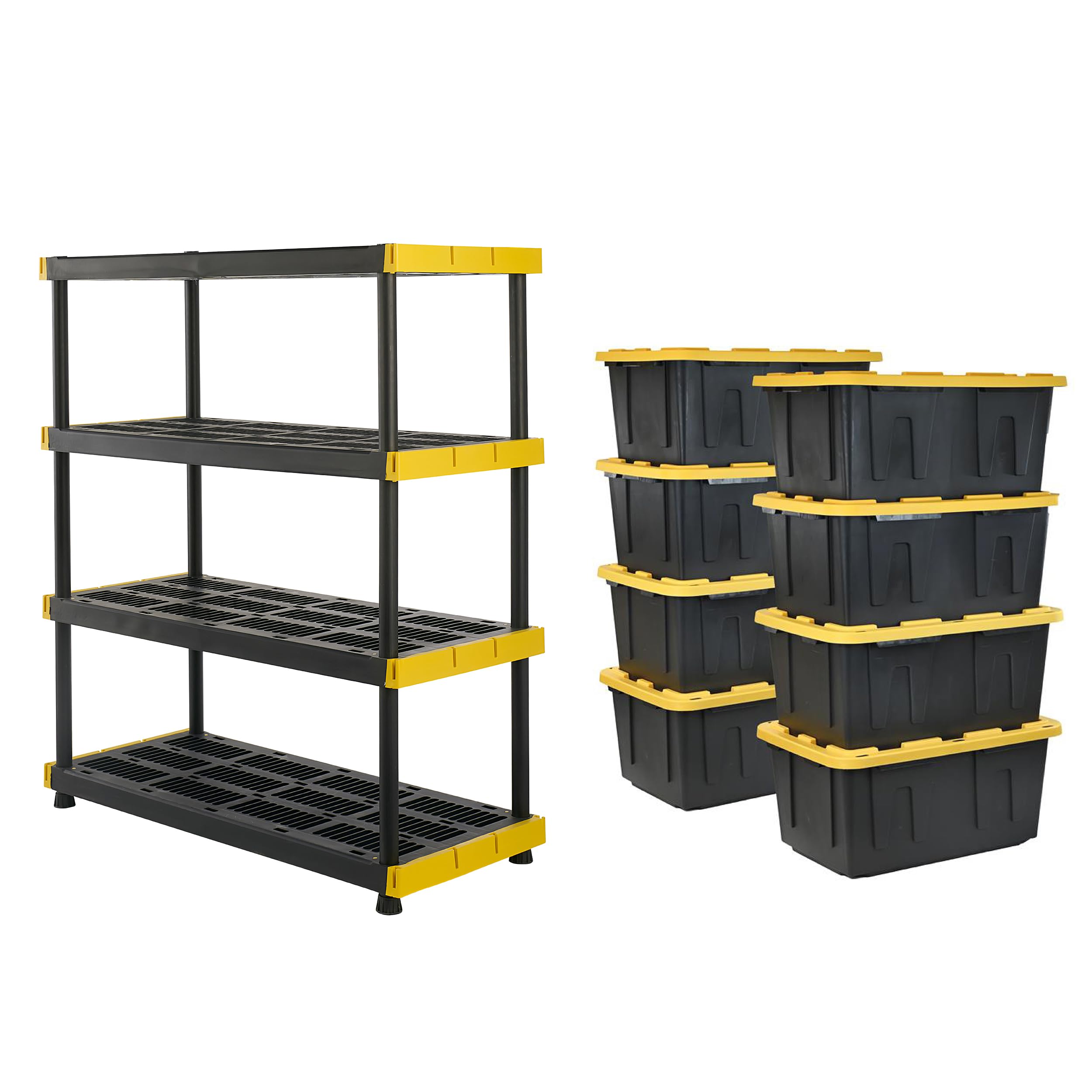 CX Black & Yellow 4-Tier Heavy Duty Storage Shelves and 8 Heavy Duty Storage Bins with Lids, 4 Shelves that Support up to 200lbs/shelf + 27 Gallon Containers (8-Pack), Organization and Storage