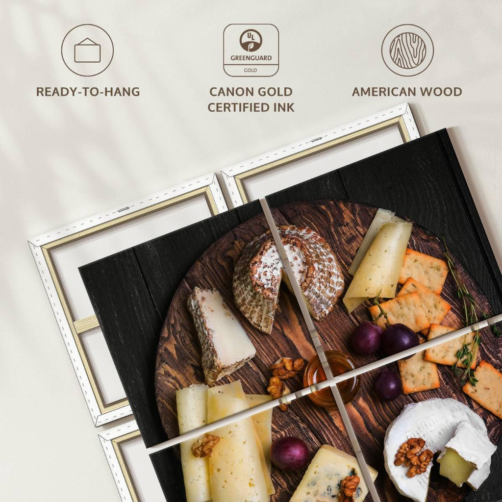 ElephantStock - Cheese Charcuterie Board Wall Art - Square Multi Panel Canvas - 4 Piece Dining Room Wall Decor - Photography Food And Drink Multi Piece Wall Art - Gray And Brown Decor - 45" x 45"