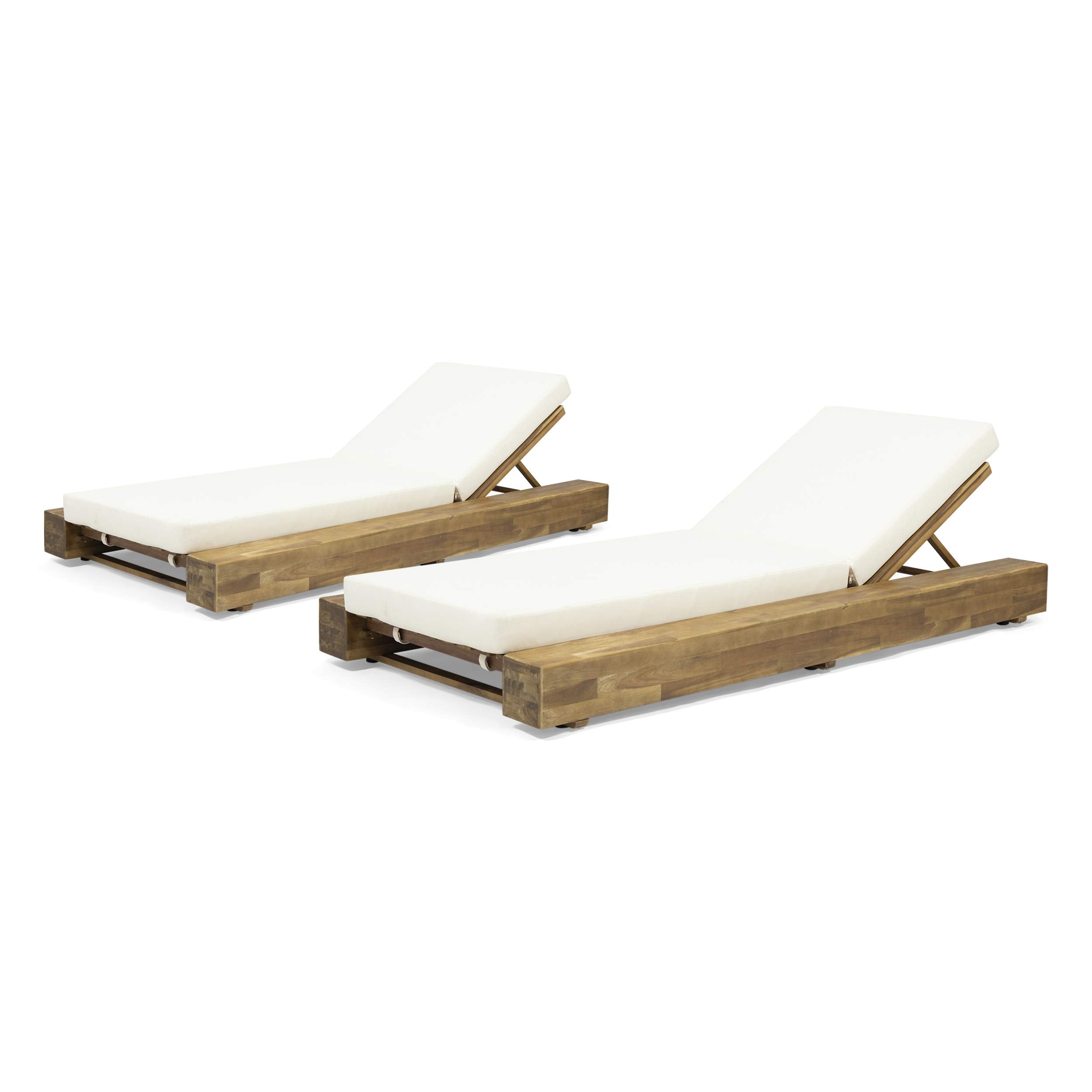 Christopher Knight Home Tory Acacia Wood Chaise Lounge Chair Outdoor Set of 2, Adjustable Backrest Sun Lounger Recliner, Patio Outdoor Chaise Lounge with 4" Thick Water-Resistant Cushions, Teak+Cream