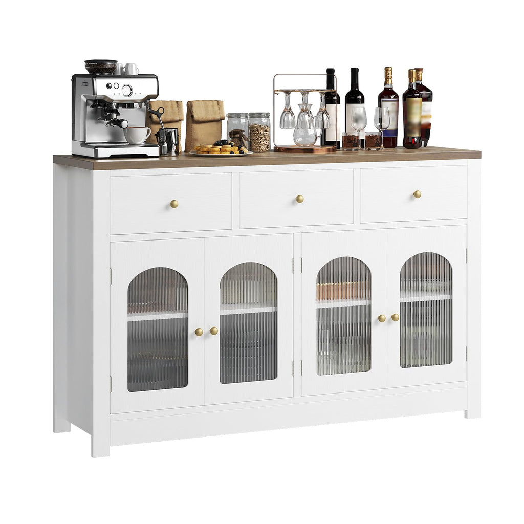 Farmhouse Large Buffet Sideboard Cabinet with 4 Doors & 3 Drawers, Kitchen Cabinet Display Cabinet with Adjustable Shelf, Wine Buffet Cabinet with Storage for Dining Room, Living Room, White
