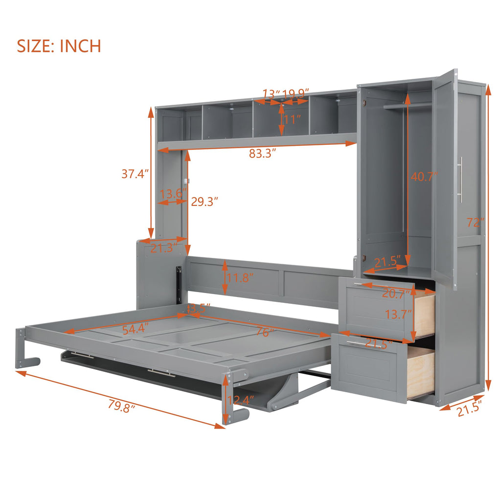 Merax Full Size Murphy Bed, Wall with Closet and Drawers, Storage Space Saving Muti-Functional Beds Frame for Home Office Guest Room, Gray