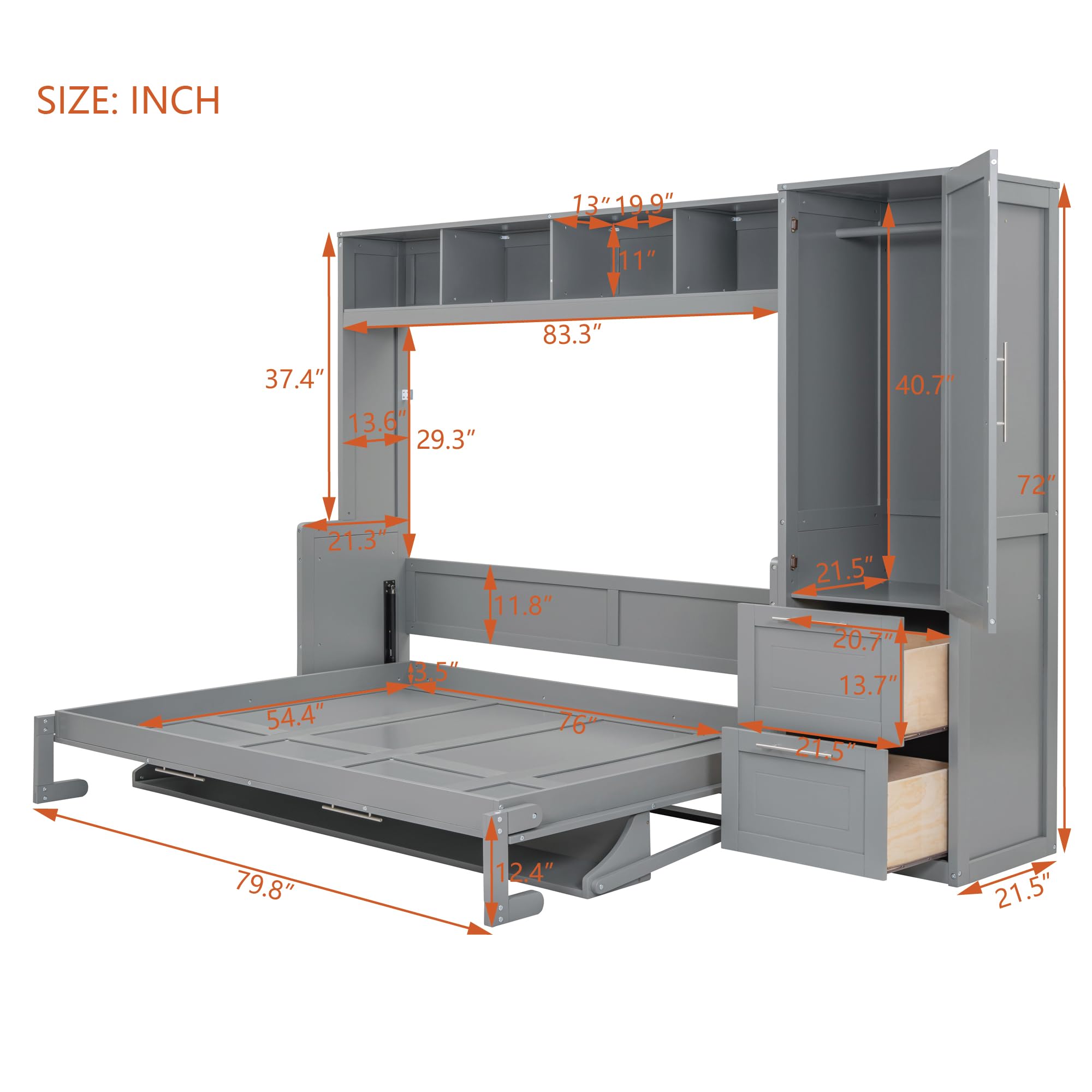 Ball & Cast Murphy Bed Full Size with Five-Layer Cabinet,Solid Wood Storage Hidden Wall Bedframe,W/Folding Designed,Space-Saving,for Home Office,Study,Guest Room,Gray