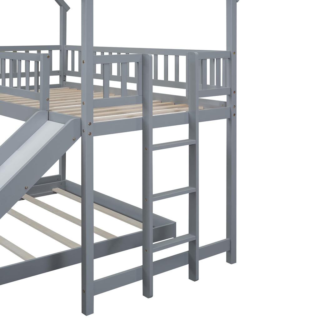Bellemave Twin Over Full Bunk Bed with Slide and Built-in Ladder, House Shaped Solid Wood Bunk Beds with Full-Length Guardrail for Kids,Teens, Adults, No Box Spring Required, Gray