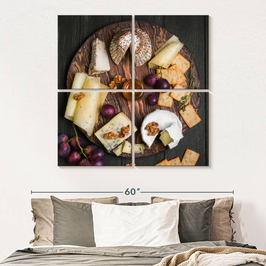 ElephantStock - Cheese Charcuterie Board Wall Art - Square Multi Panel Canvas - 4 Piece Dining Room Wall Decor - Photography Food And Drink Multi Piece Wall Art - Gray And Brown Decor - 45" x 45"
