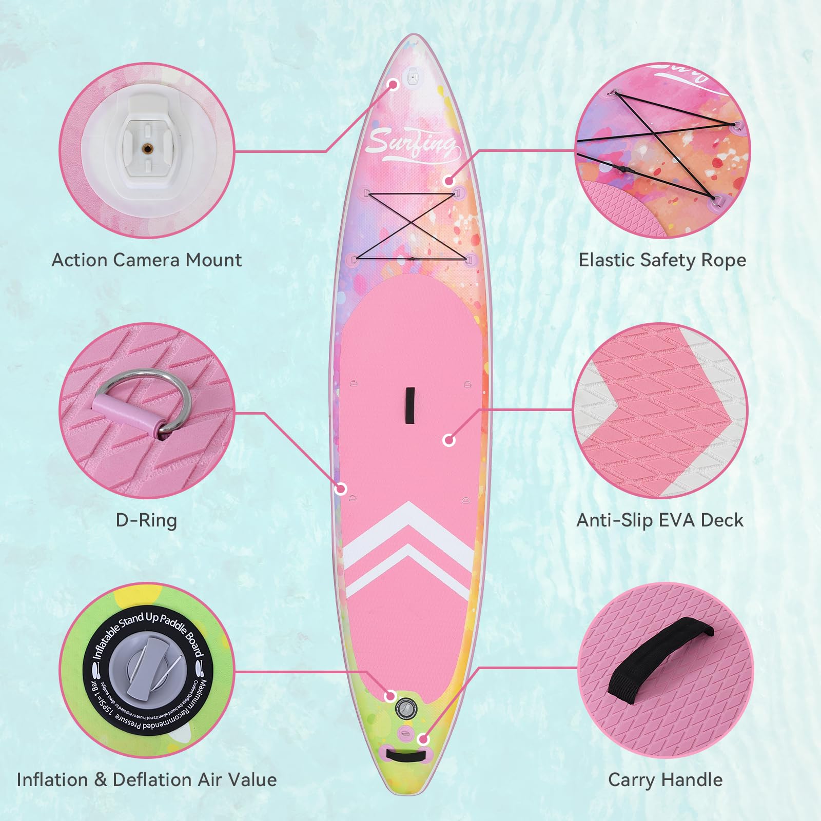 YUSING 11' Inflatable Stand Up Paddle Board, SUP Paddle Board, Portable Standing Board for Youth & Adult (Pink)