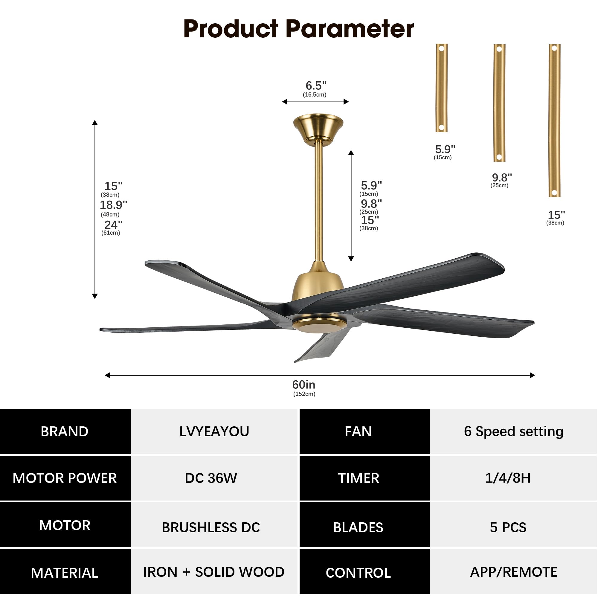 LVYEAYOU 60" Black and Gold Ceiling Fan No Lights, Remote and APP Control, 6-speed Reversible, Quiet DC Motor, Wood Ceiling Fans for Bedroom, Living Room, Office, Outdoor Patio