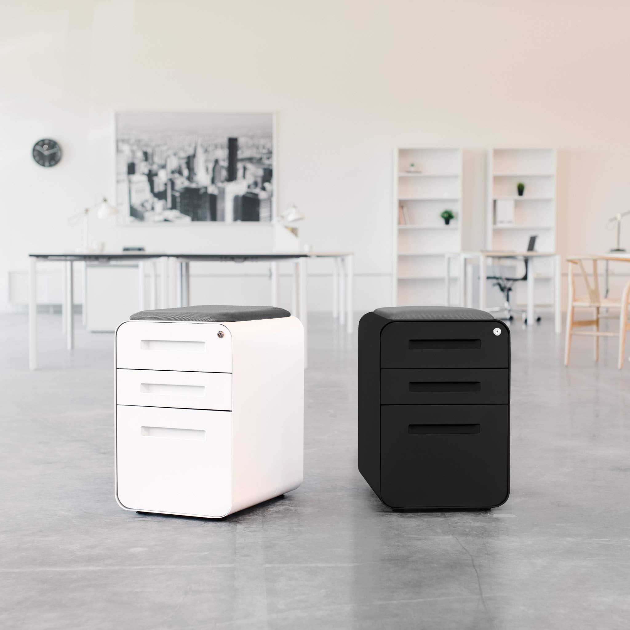 Laura Davidson Furniture STOCKPILE Curve Seated 3-Drawer Mobile File Cabinet with Removable Magnetic Cushion Seat - Metal Filing Cabinet, Pre-Assembled, White with Dark Grey Cushion
