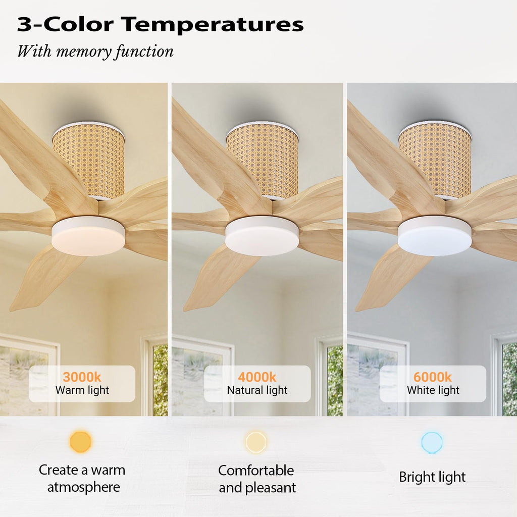 LEDLUX 54" Ceiling Fan with Light - Low Profile Flush Mount Ceiling Fan, 6-Speed Remote Control, Solid Wood, Quiet Reversible DC Motor, Wood/White Finish, for Bedroom, Living Room, Porch