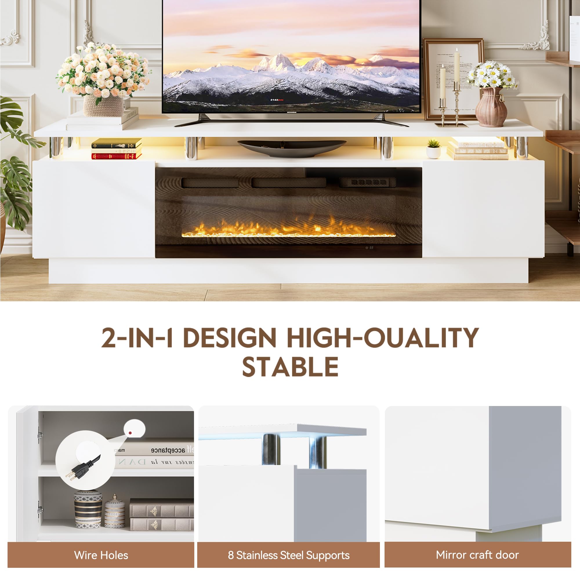 OneBlis 70" Fireplace TV Stand for TVs UP to 80", Electric Fireplace Entertainment Center with LED Lights & Storage Cabinets, TV Console for Living Room, Office, White-Black