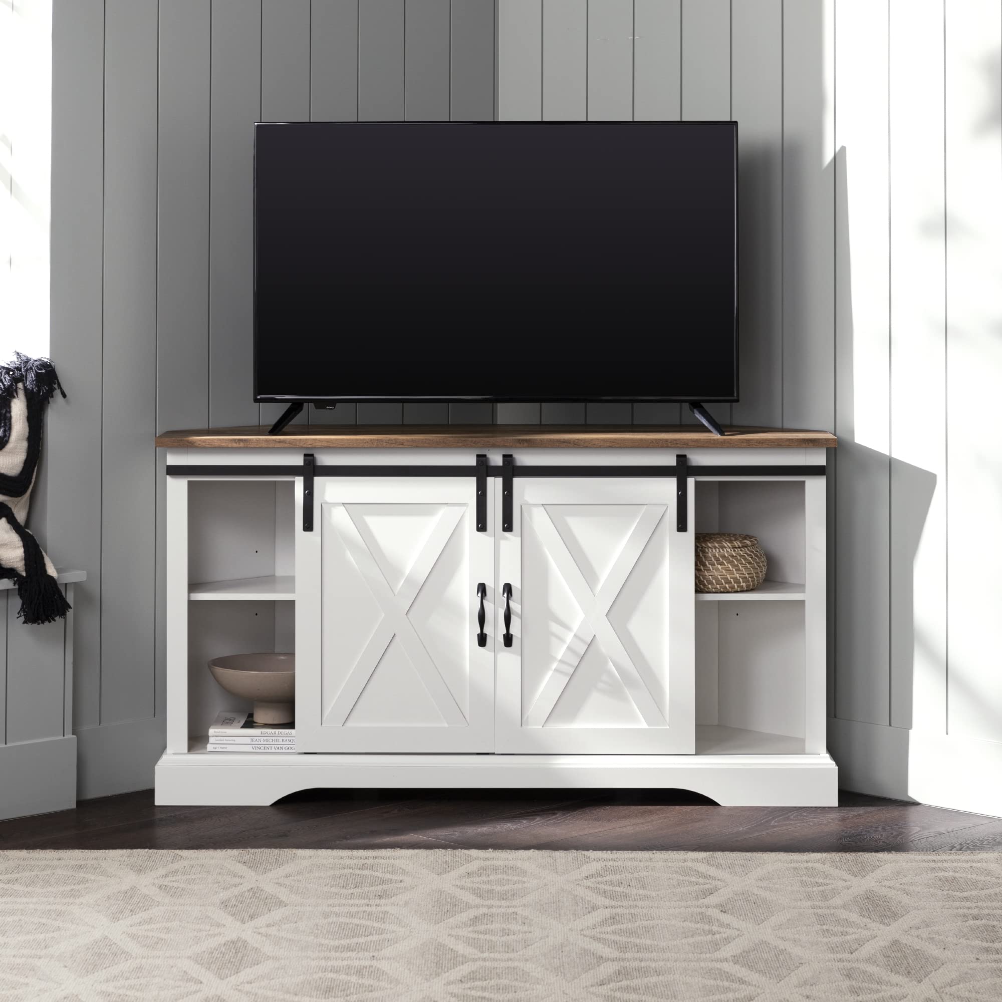 Walker Edison Everette Modern Farmhouse Double Sliding X Barn Door TV Stand for TVs up to 58 Inches 52 Inch Reclaimed Barnwood and Solid White