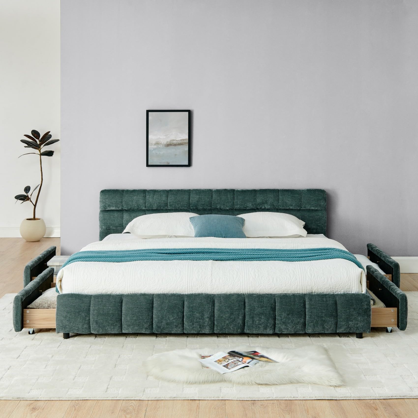 KEIKI King Thick Chenille Bed Frame with 4 Storage Drawer & Upholstered Tufted Headboard, Modern Solid Wood Floor Platform for Bedroom, No Box Spring Needed