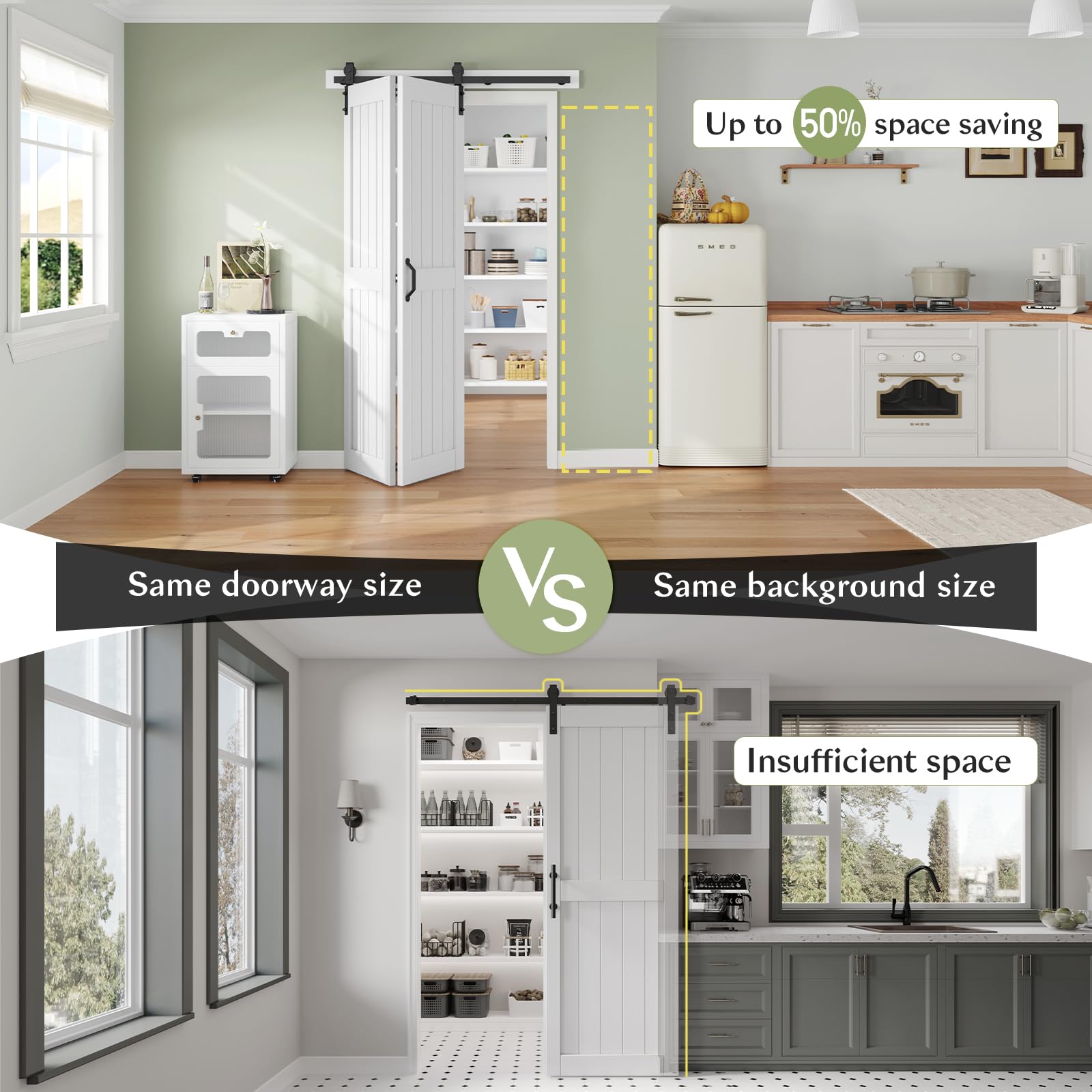 Finosen Bifold Barn Door 48 x 84 in (Double 24 inch)，Bi-fold Sliding Closet Doors with Hardware Track kit Included, 4.3ft Rail for 2 Doors, MDF Wood Panel,PVC Surface, Save Space,DIY Assembly, White