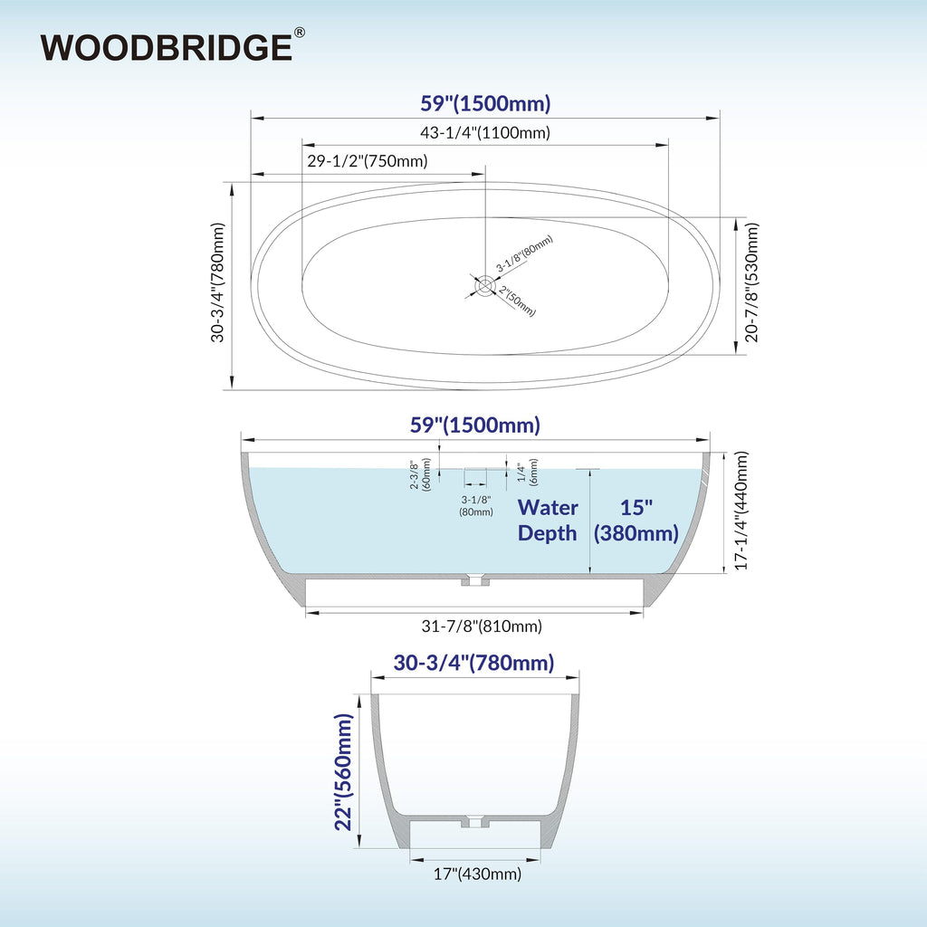 WOODBRIDGE 59" Stone Resin Freestanding Soaking Tub, Modern Oval Solid Surface Bathtub with Integrated Slotted Overflow & Drain, Matte White, B0055