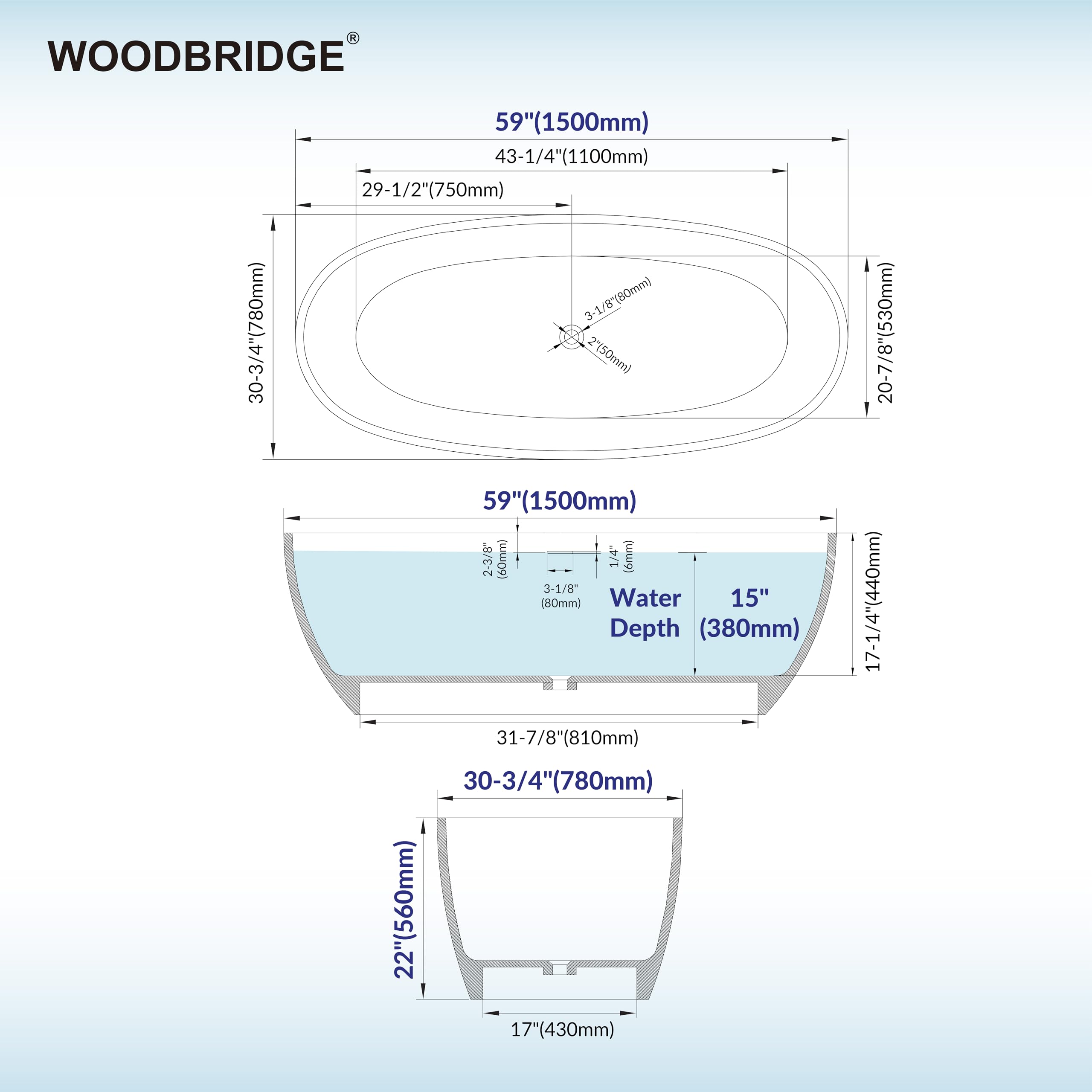 WOODBRIDGE 59" Stone Resin Freestanding Soaking Tub, Modern Oval Solid Surface Bathtub with Integrated Slotted Overflow & Drain, Matte White, B0055