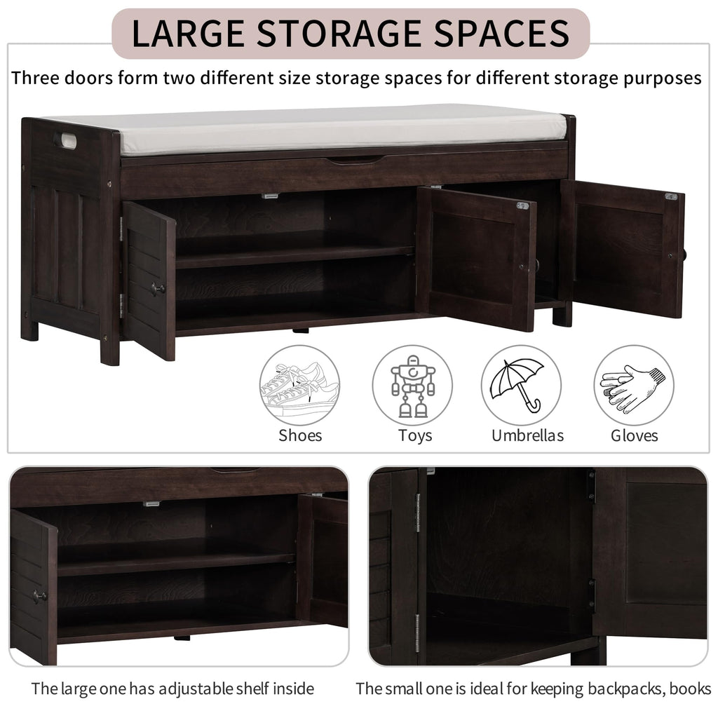 Brisca Wood Storage Bench 3 Shutter-Shaped Doors,Multifunction Shoebox,W/ 2 Size and Removable Cushion & Hidden Savings Space,for Entryway,Bedroom,Living Room,Espresso