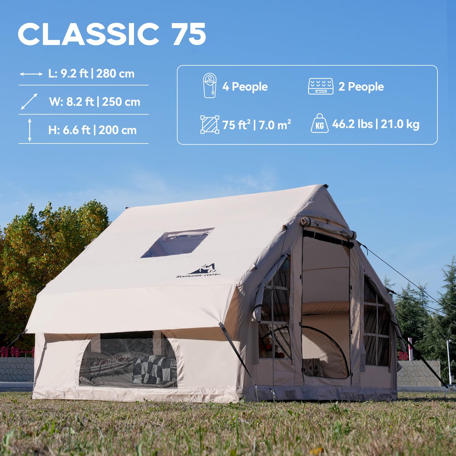 Romantic Camp Inflatable Camping Tent with Pump,4-6 Person Waterproof Blow Up Air Tent for Camping Hiking,Easy to Set Up 4-Season Inflatable House Tent with Oversized Canopy(75FT²).