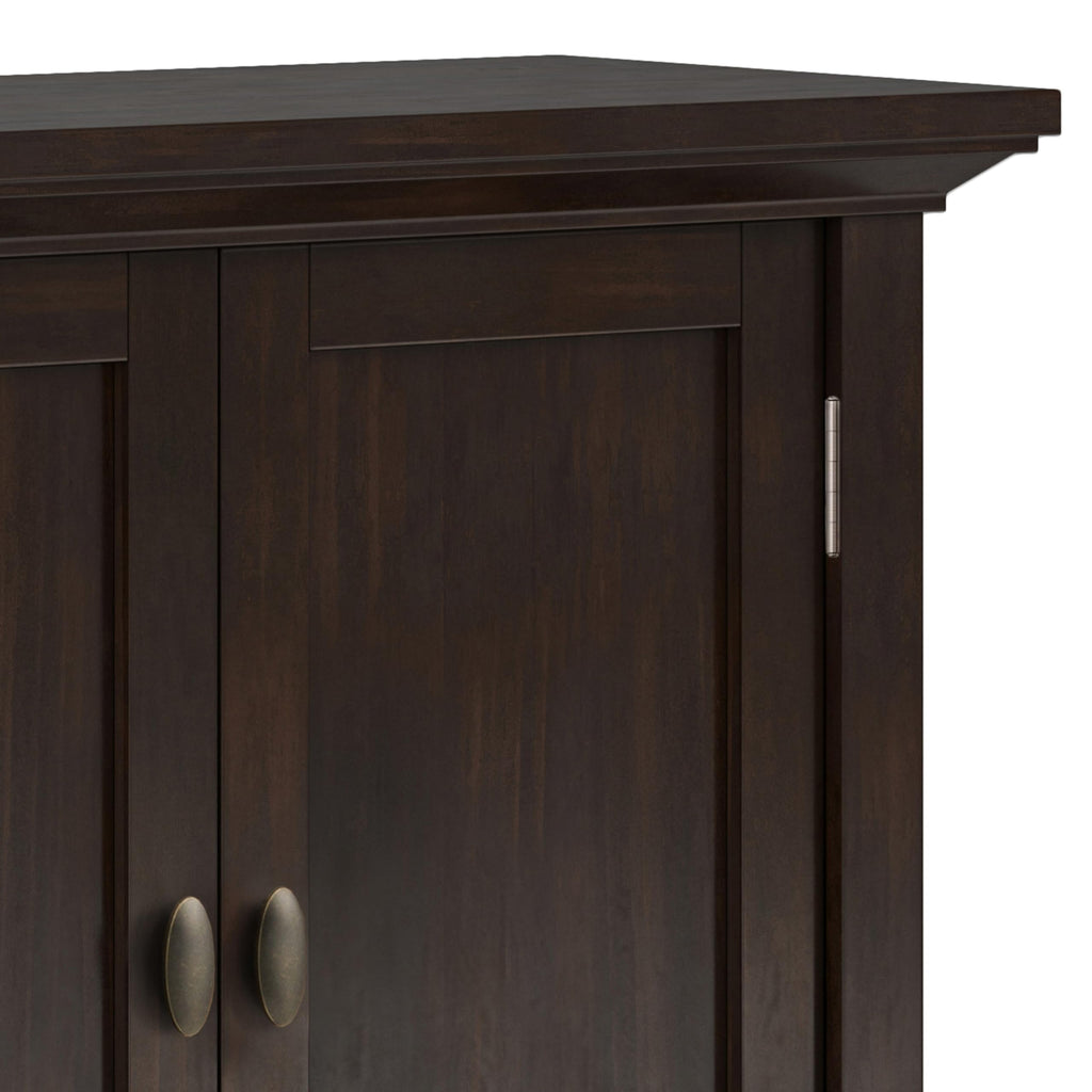 SIMPLIHOME Redmond Storage Cabinet - 32 inch Wide Solid Wood 2-Shelf Low Storage Cabinet in Brunette Brown, Transitional Accent Cabinet for Entryway with Adjustable Shelves and Tapered Legs