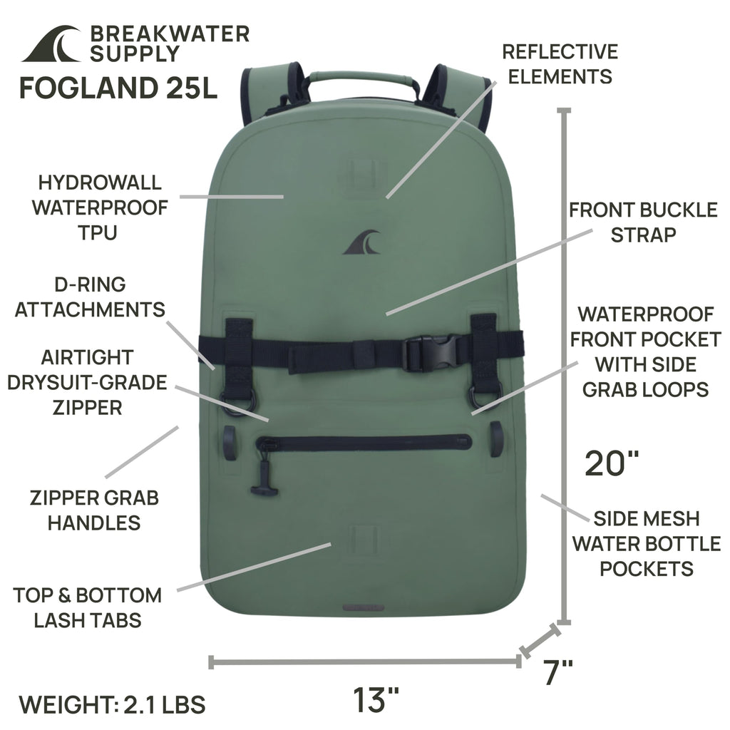 Breakwater Supply™ Fogland Waterproof IP68 Submersible Backpack | Laptop Sleeve & Airtight Zippers for Outdoors, Hunting, Fishing, Waterfowl, Floating Dry Bag, Unisex, TPU (Marsh Green, 25L)