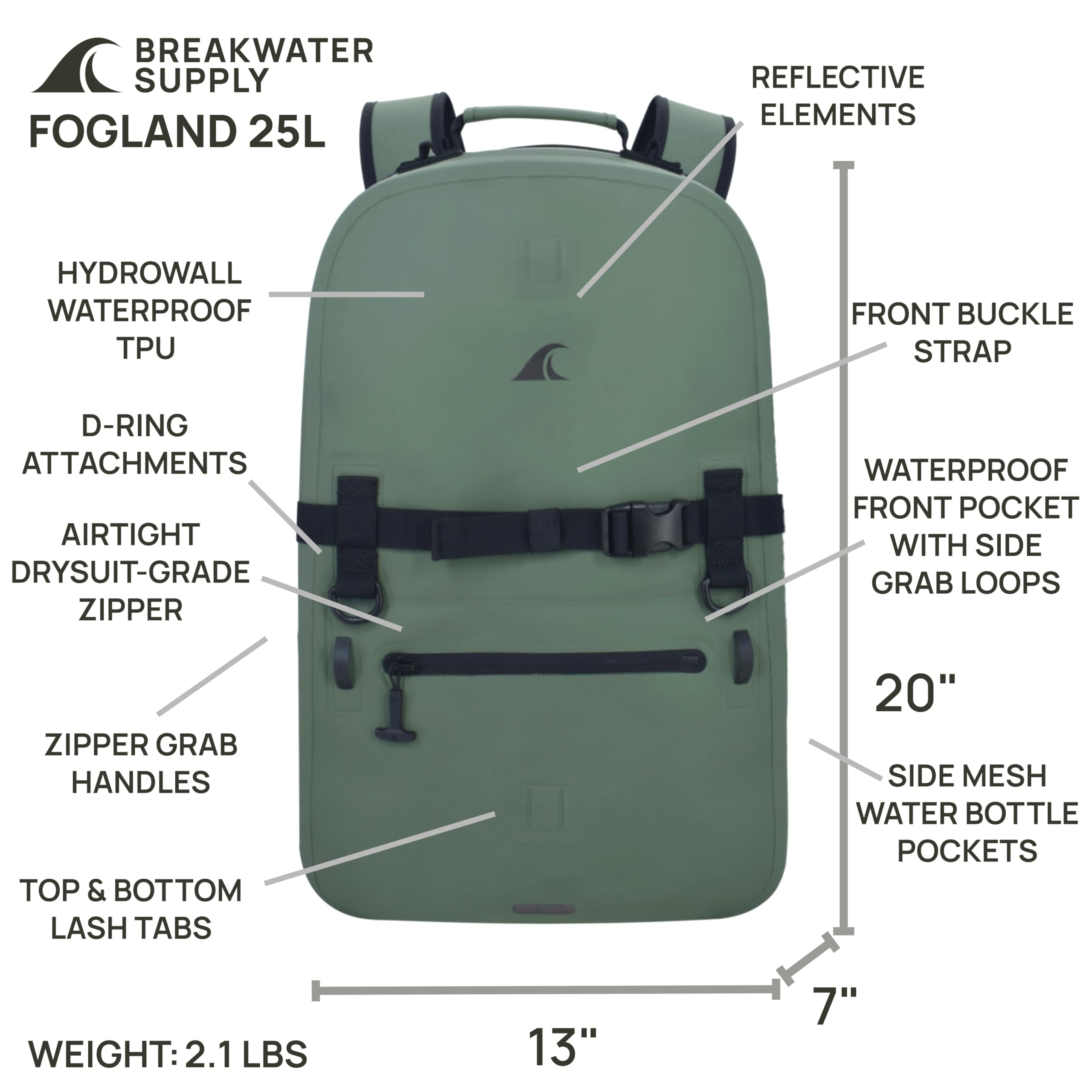 Breakwater Supply™ Fogland Waterproof IP68 Submersible Backpack | Laptop Sleeve & Airtight Zippers for Outdoors, Hunting, Fishing, Waterfowl, Floating Dry Bag, Unisex, TPU (Marsh Green, 25L)