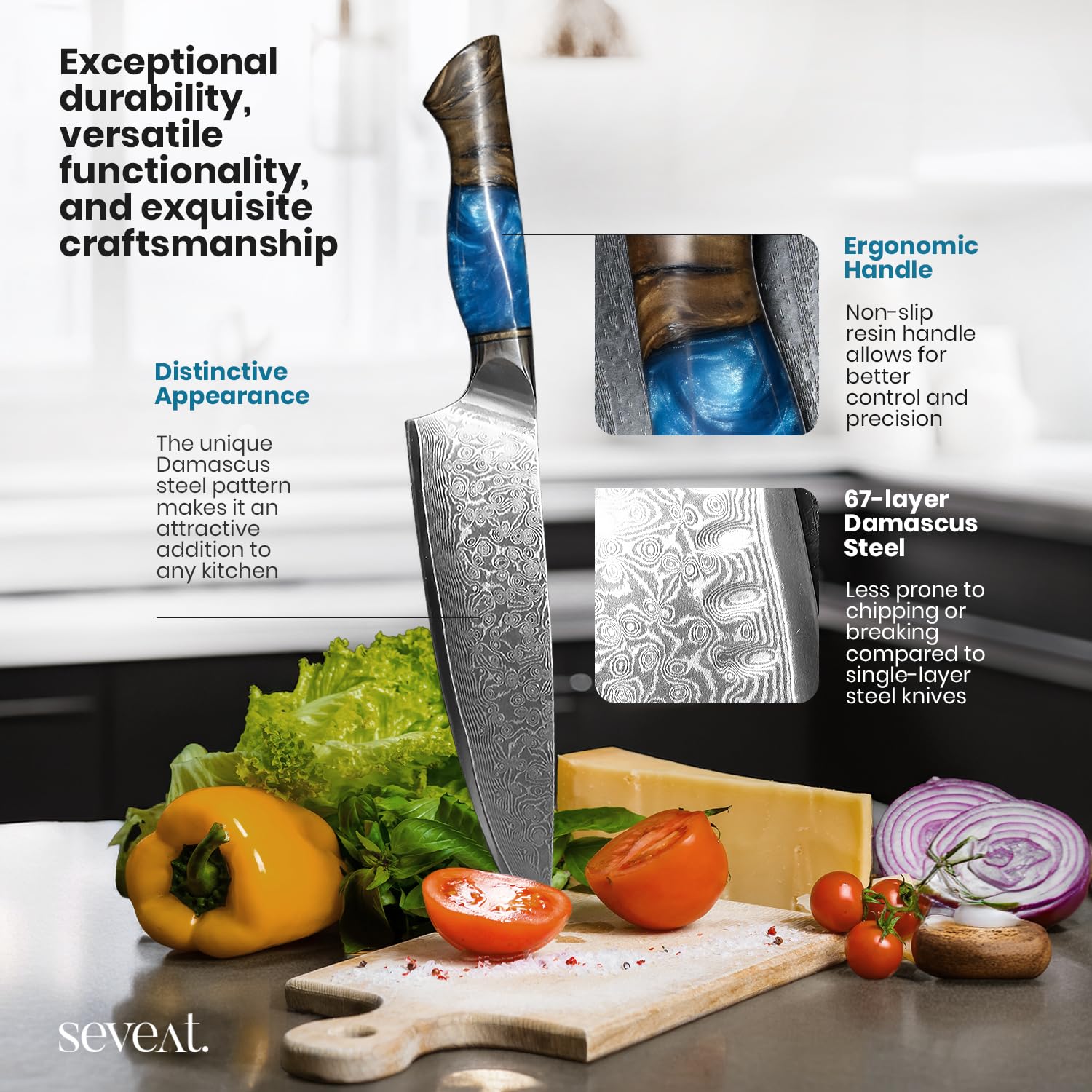 Seveat Damascus Kitchen Knife Set | 67-Layer Damascus Steel | Professional Japanese Chef Knife Set | Ergonomic Wood & Resin Handle | Gift Box Included (Blue, 5-Piece Set)