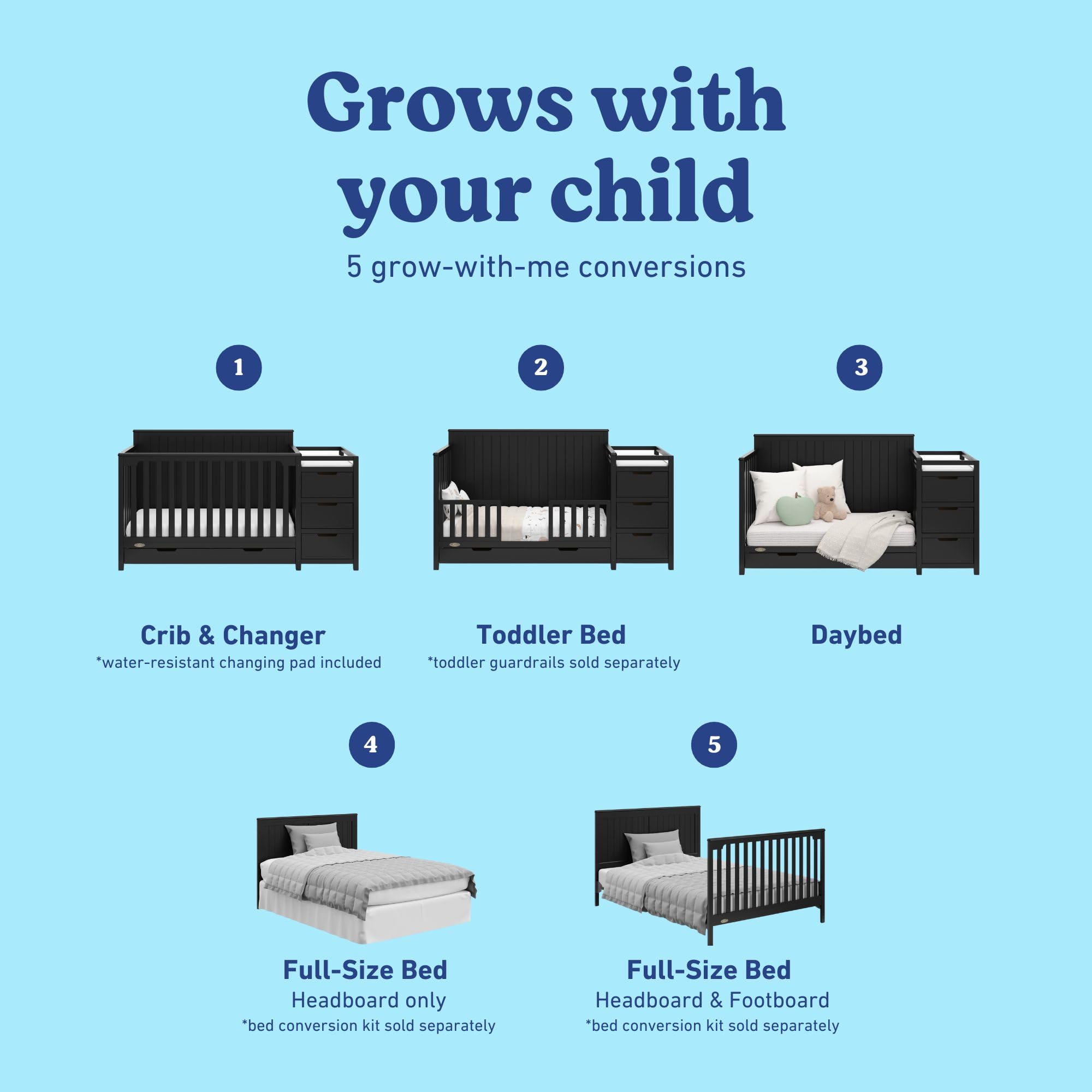 Graco Hadley 5-in-1 Convertible Crib & Changer – GREENGUARD Gold Certified, Fits Standard Crib Mattress, Converts to Toddler Bed and Full Bed, 4 Adjustable Mattress Heights (Black)