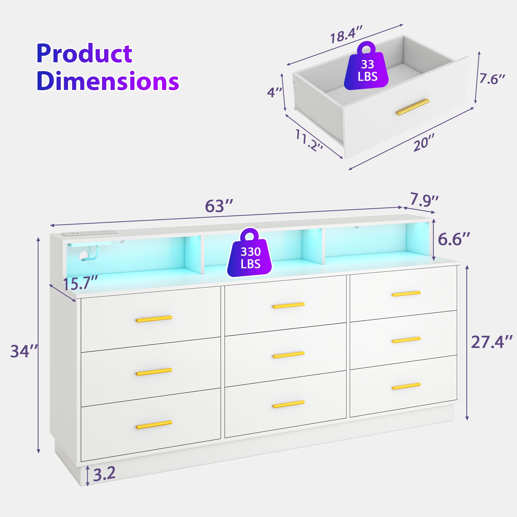 UNIQUITE White 9 Drawer Dressers for Bedroom, Modern Large Dresser with LED Light and Power Outlet, Wooden Long Dresser for Bedroom, Entryway, Hallway