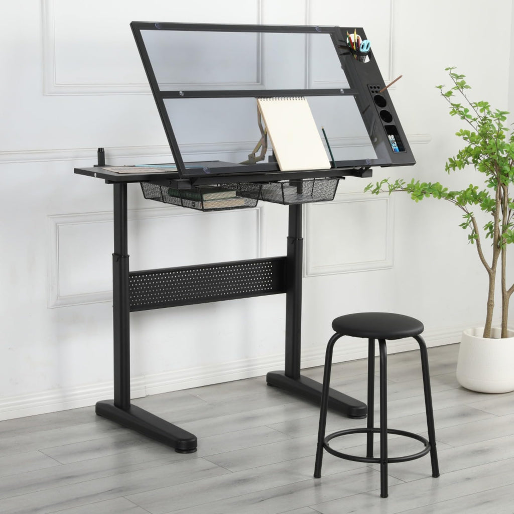 Hassyee Modern Design Hand Crank Adjustable Drafting Table Drawing Desk with Two Large-Size Metal Drawers and E0 Grade MDF Material Desktop (Black)