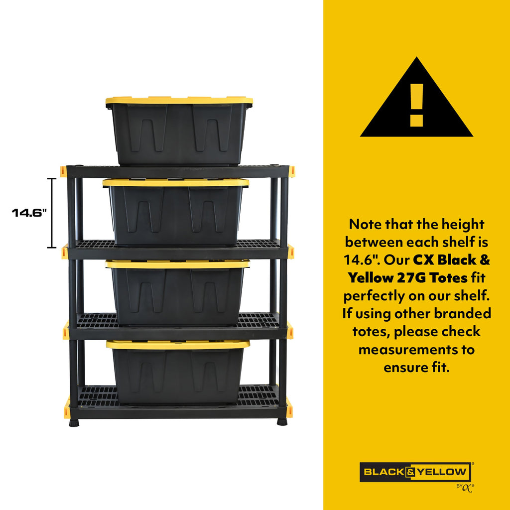 CX Black & Yellow 4-Tier Heavy Duty Storage Shelves and 8 Heavy Duty Storage Bins with Lids, 4 Shelves that Support up to 200lbs/shelf + 27 Gallon Containers (8-Pack), Organization and Storage