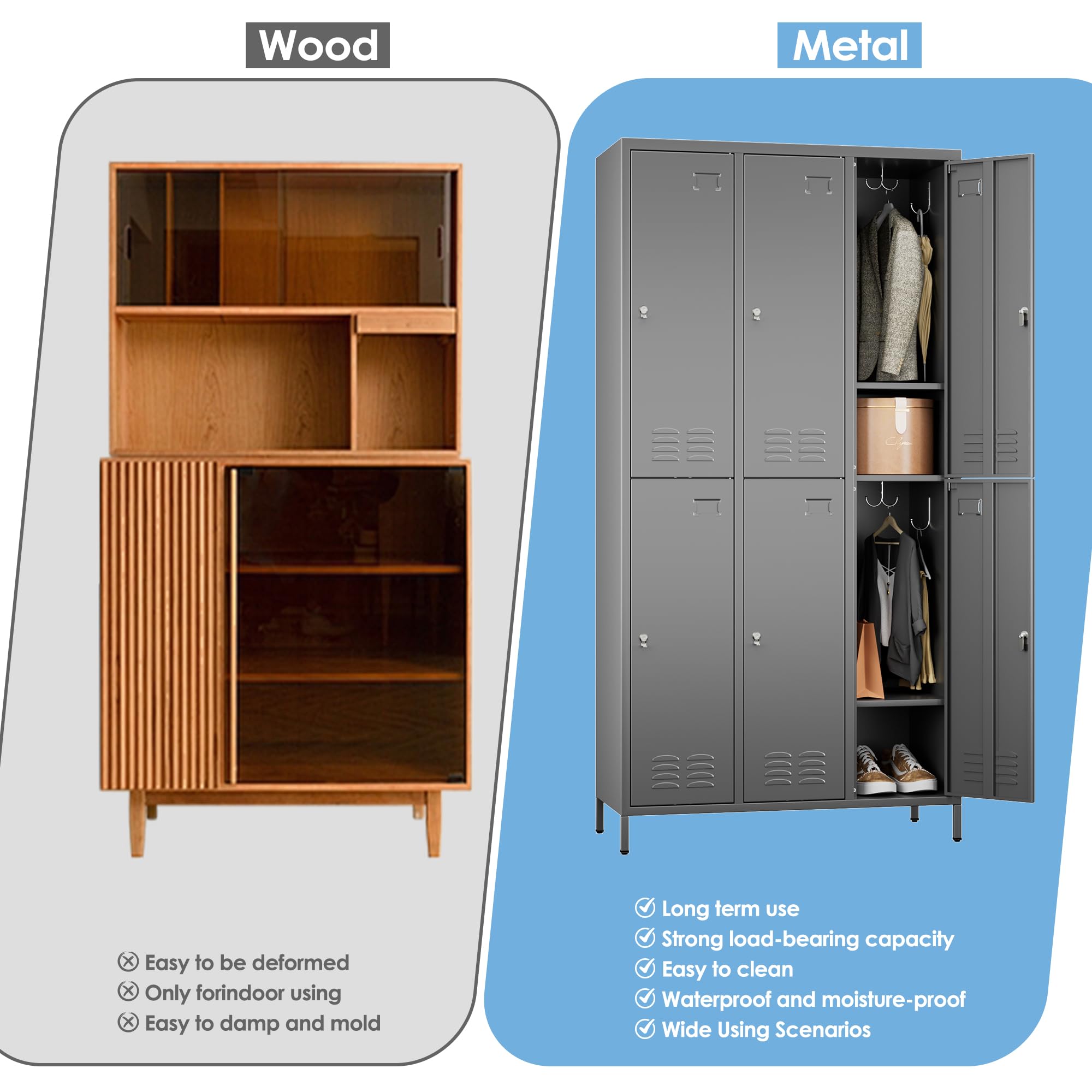 METALYEYE 6 Doors Metal Storage Lockers for Employees,Industrial Steel Storage Locker with 18 Hooks & Air Hole for Gym,School,Garage,Office,Assembly Required,Dark Gray,72''H*35.43''W*15.75''D