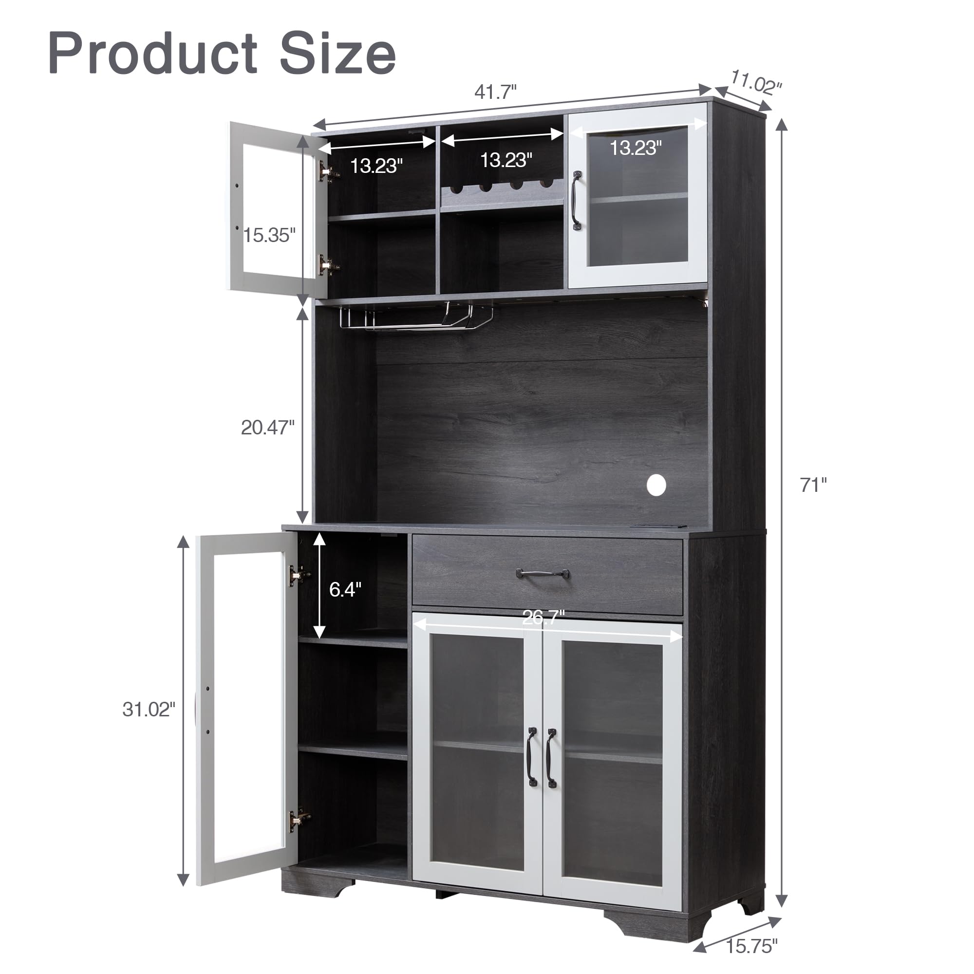 Fatmok 71" Tall Pantry Cabinet with Glass Doors, Kitchen Hutch Storage Cabinet, Coffee Bar & Liquor Cabinet with Charging Station & LED Lights, Wine Rack, Adjustable Shelves＆Large Drawer, Grey