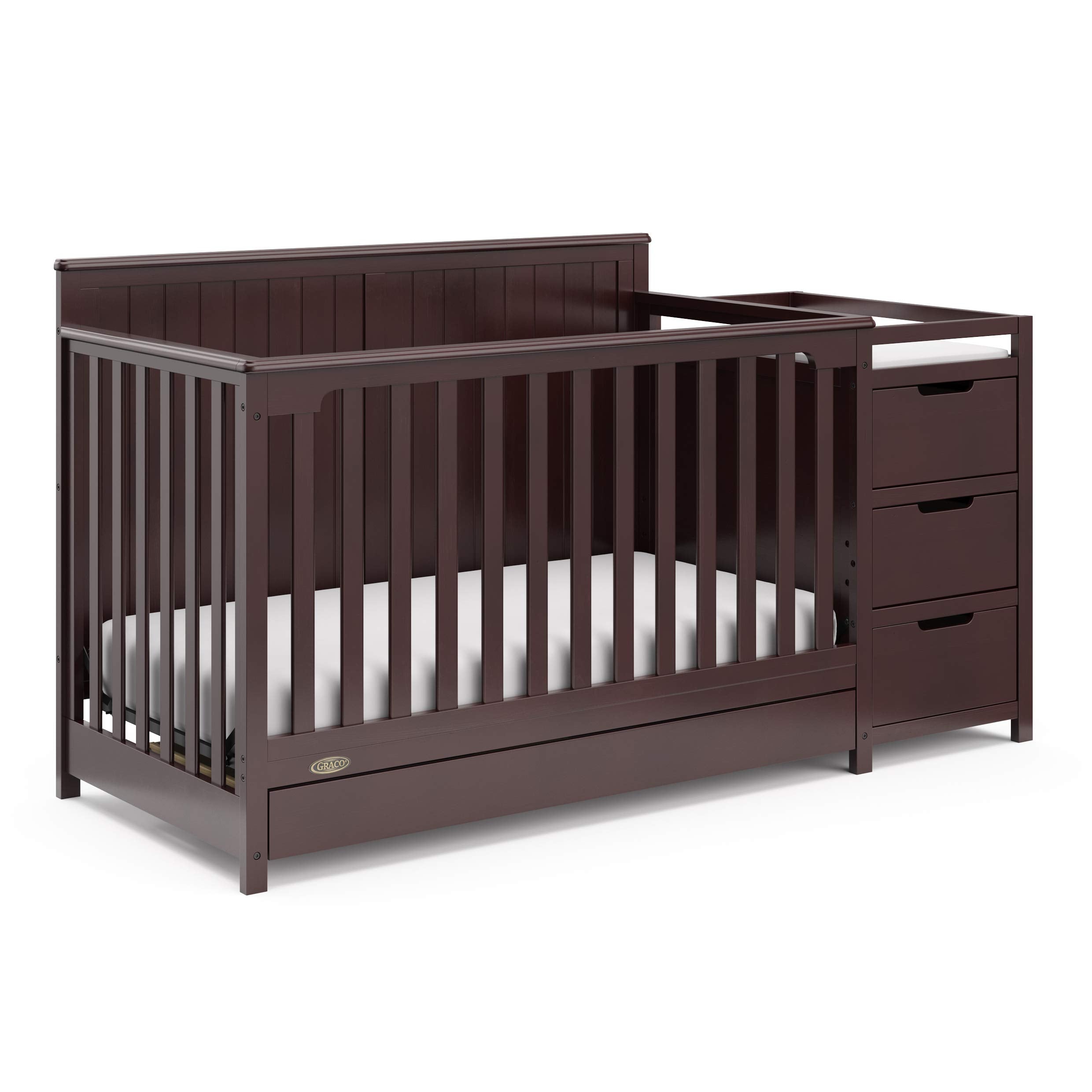 Graco Hadley 5-in-1 Convertible Crib & Changer – GREENGUARD Gold Certified, Fits Standard Crib Mattress, Converts to Toddler Bed and Full Bed, 4 Adjustable Mattress Heights (Espresso)