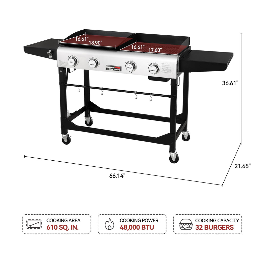 Royal Gourmet GD401 Portable Propane Gas Grill and Griddle Combo with Side Table | 4-Burner, Folding Legs,Versatile, Outdoor | Black 66 Inch