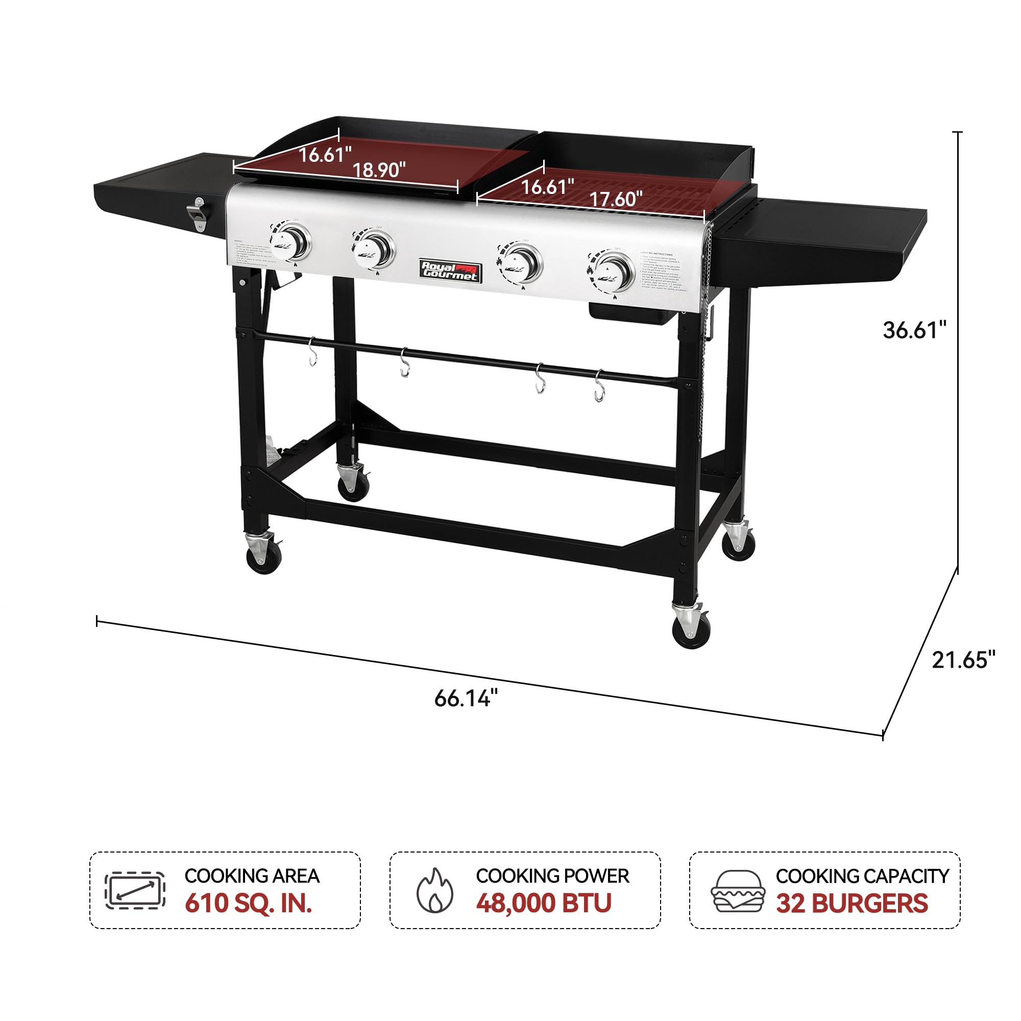 Royal Gourmet GD401 Portable Propane Gas Grill and Griddle Combo with Side Table | 4-Burner, Folding Legs,Versatile, Outdoor | Black 66 Inch