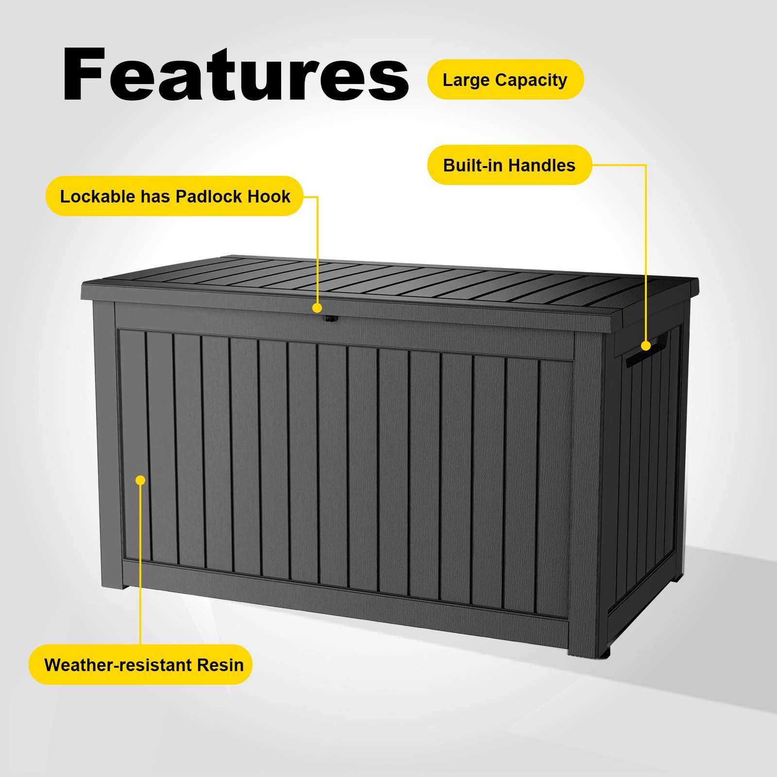 KFY 280 Gallon Waterproof Outdoor Storage Box, UV Resistant Resin Deck Box with Hydraulic Rod for Reinforced Stability, Perfect for Patio, Garden, and Pool（Black，280 Gallon）