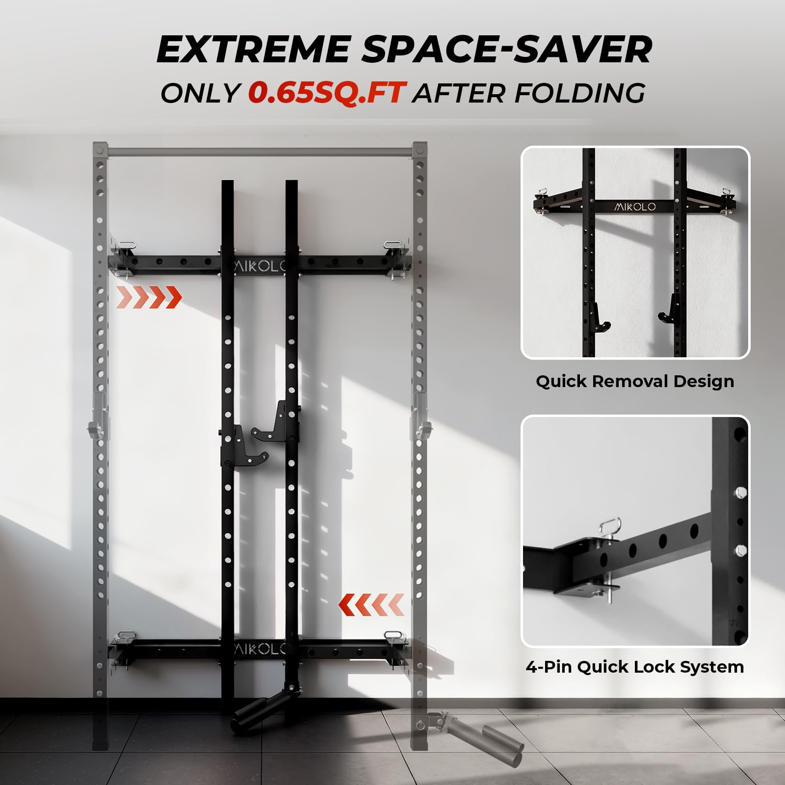Mikolo 2" x 2" Folding Wall Mounted Squat Rack, 1000 Pounds Capacity Power Rack with Safety Catches, Pull Up Bar, J Hooks and Landmine Attachment, Space-Saving Home Gym(Black