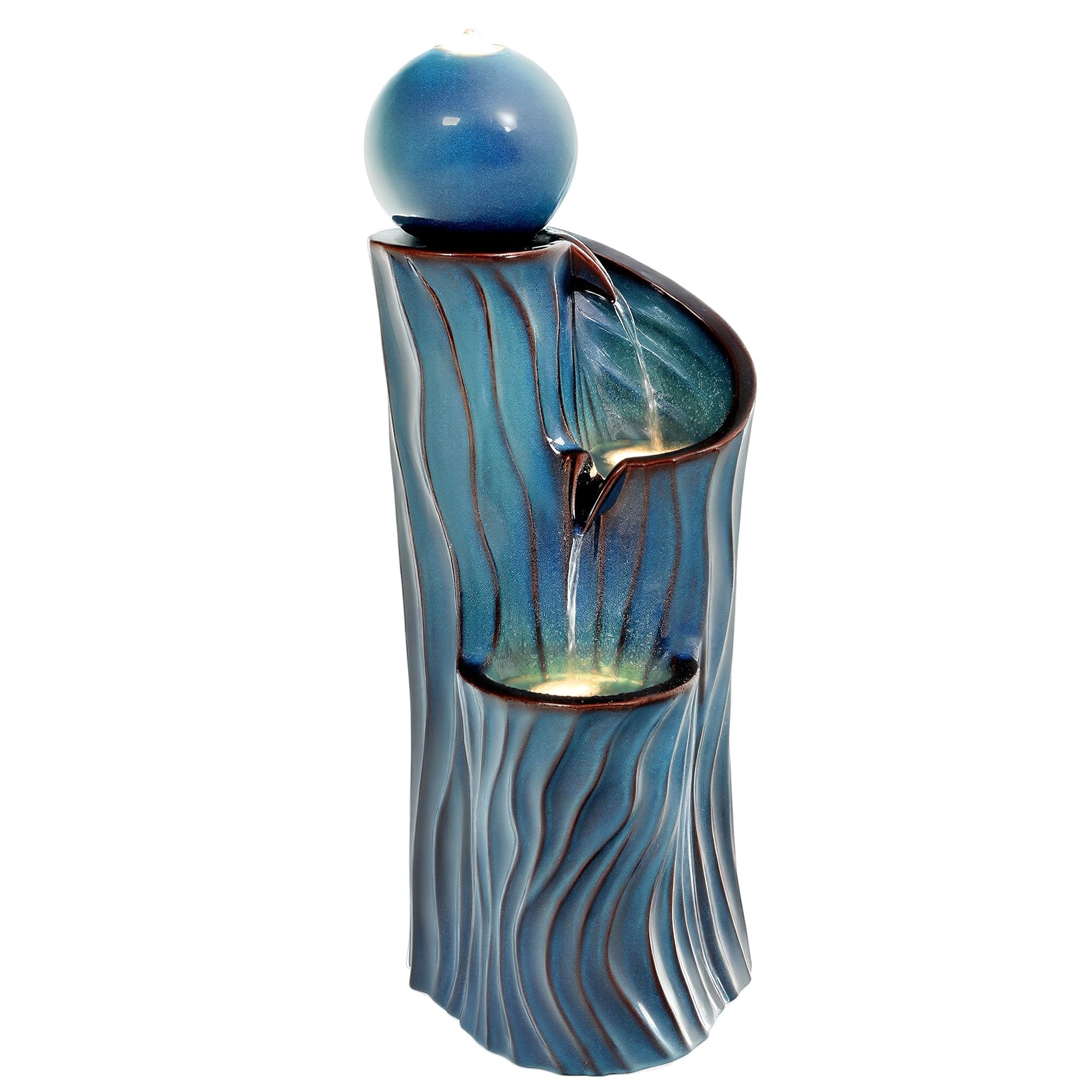 Ultym 32" H Ceramic Outdoor Water Fountain with Lights, Art Sphere Fountains for Outside, Soothing Cascading Waterfalls for Relaxing Garden Patio Yard or Porch Decor, Turquoise, Dynamic Wave-Texture