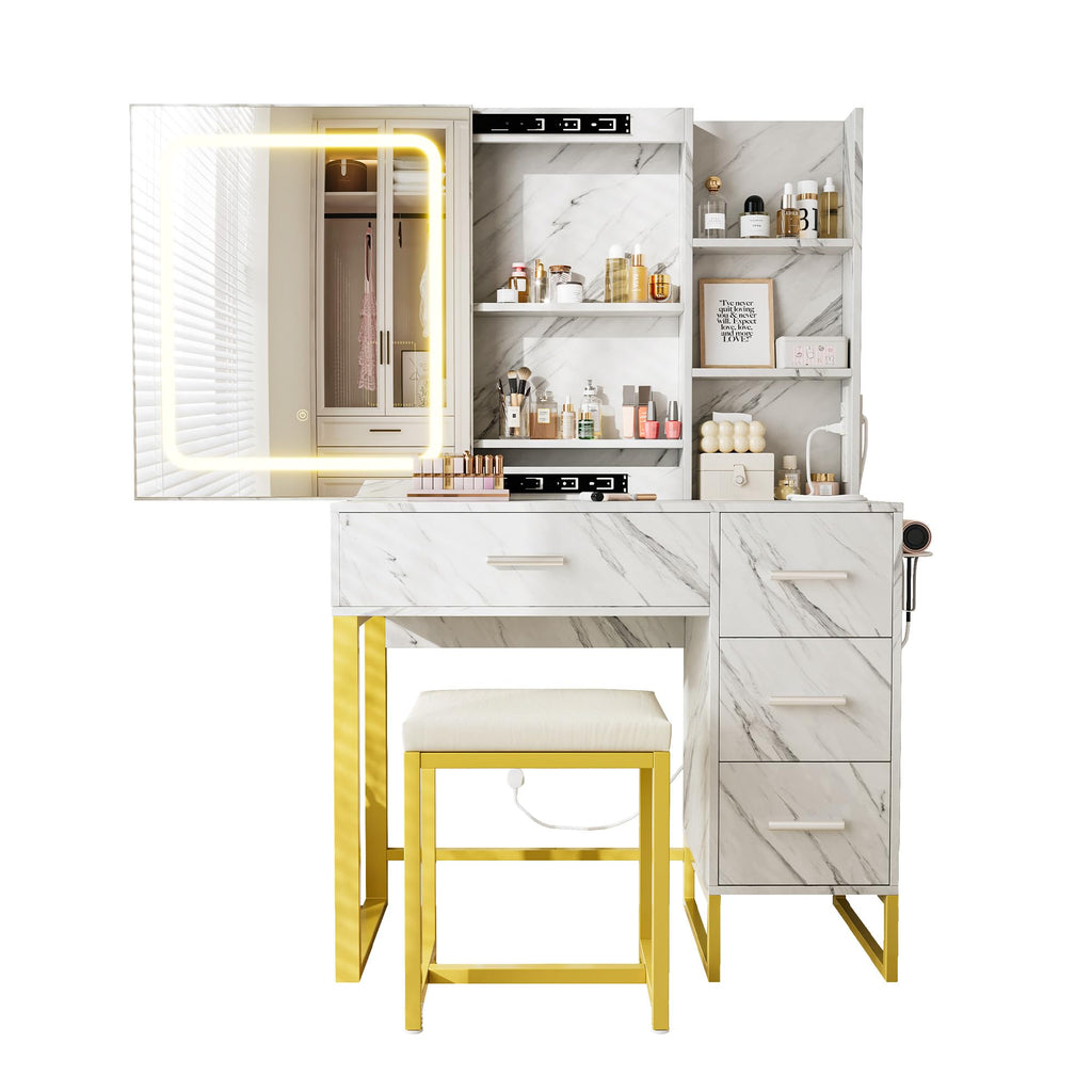 57'' Large Vanity Desk with Mirror & Lights, Makeup Vanity Table with Charging Station,