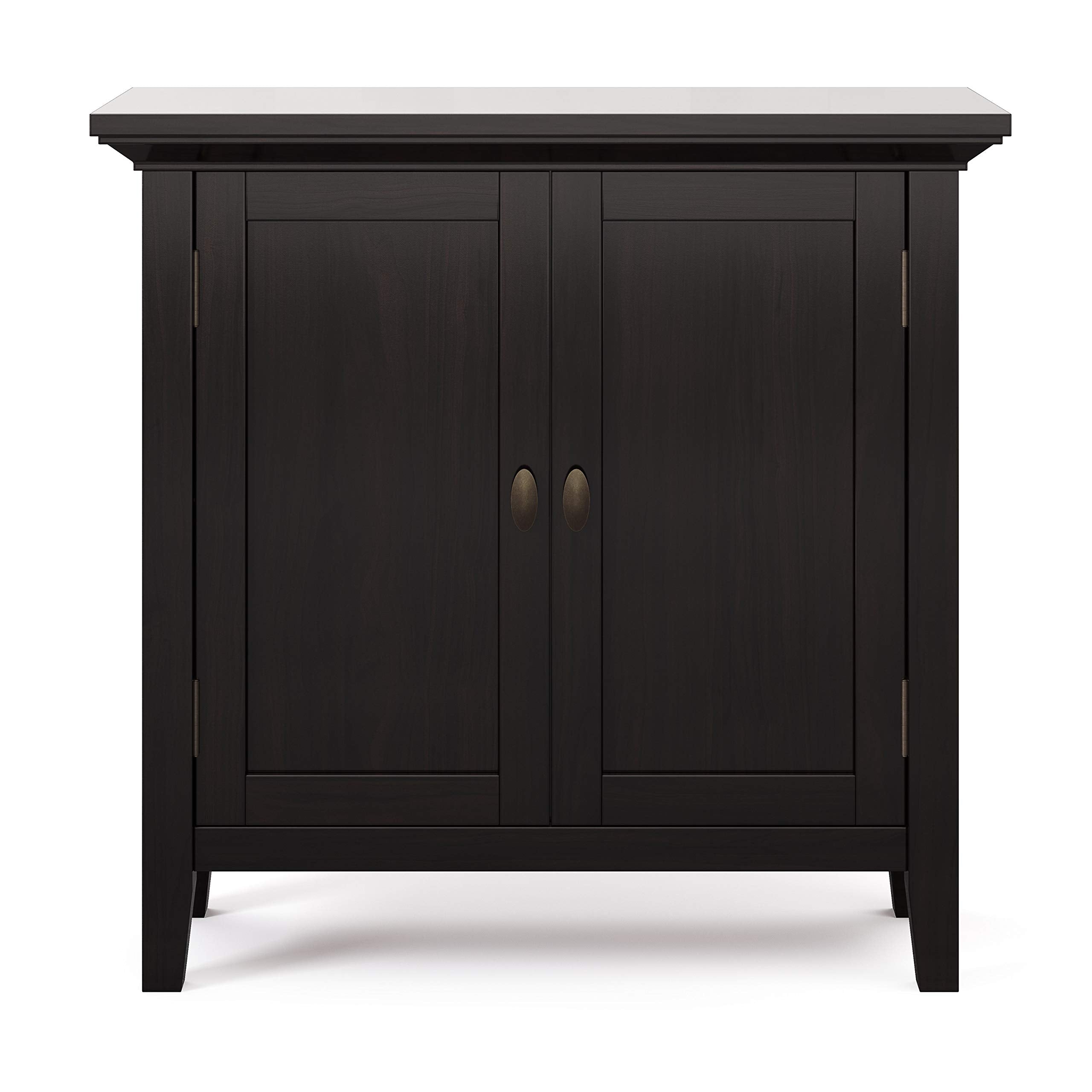 SIMPLIHOME Redmond Storage Cabinet - 32 inch Wide Solid Wood 2-Shelf Low Storage Cabinet in Hickory Brown, Transitional Accent Cabinet for Entryway with Adjustable Shelves and Tapered Legs