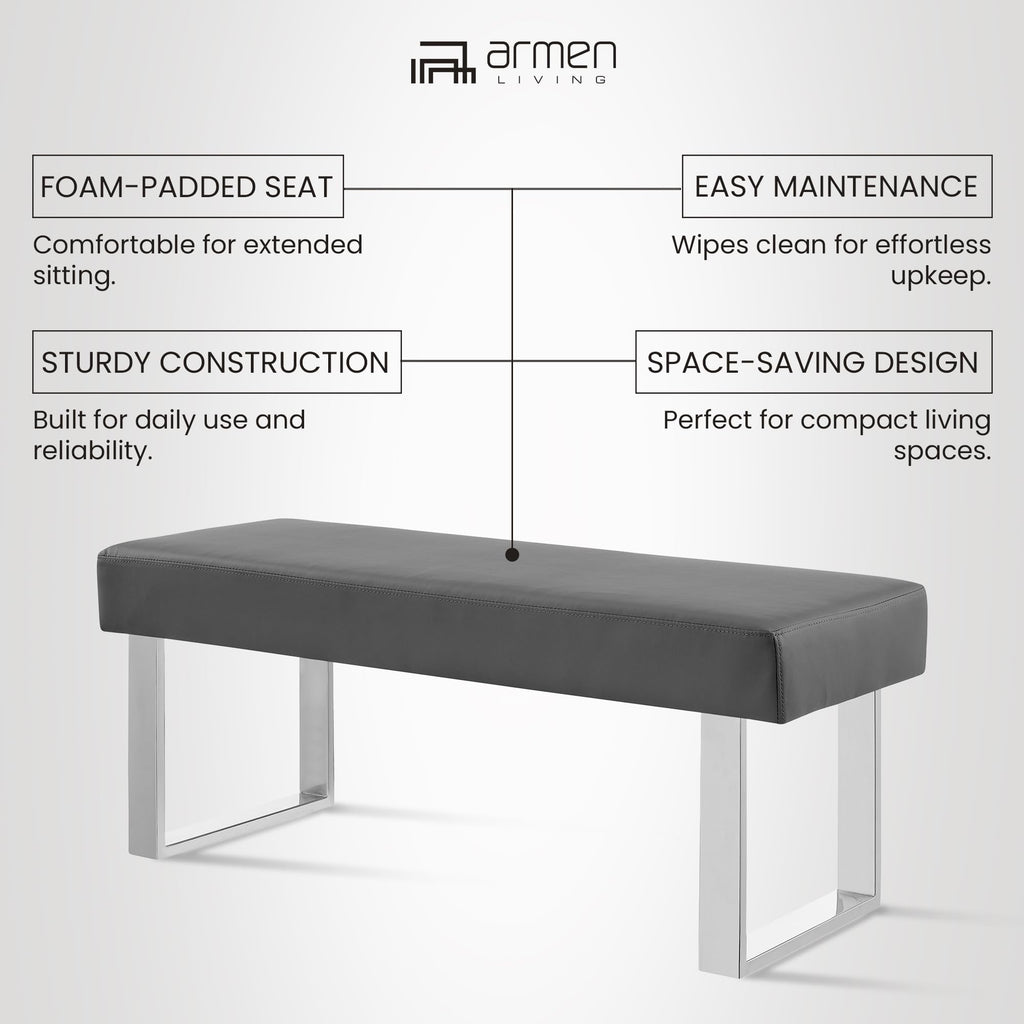 Armen Living Amanda Bench in Grey Faux Leather and Chrome Finish 48 x 19 x 18