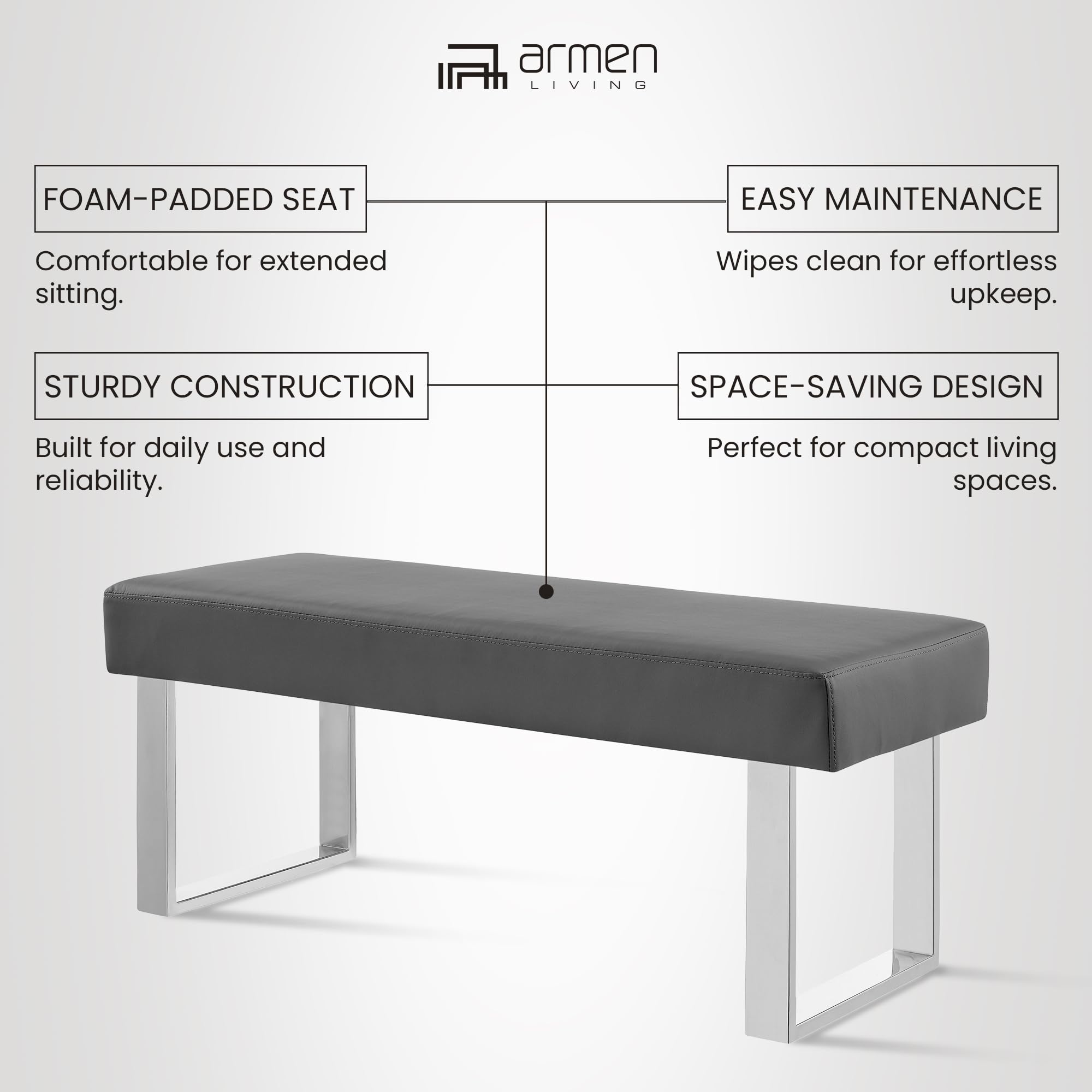 Armen Living Amanda Bench in Grey Faux Leather and Chrome Finish 48 x 19 x 18