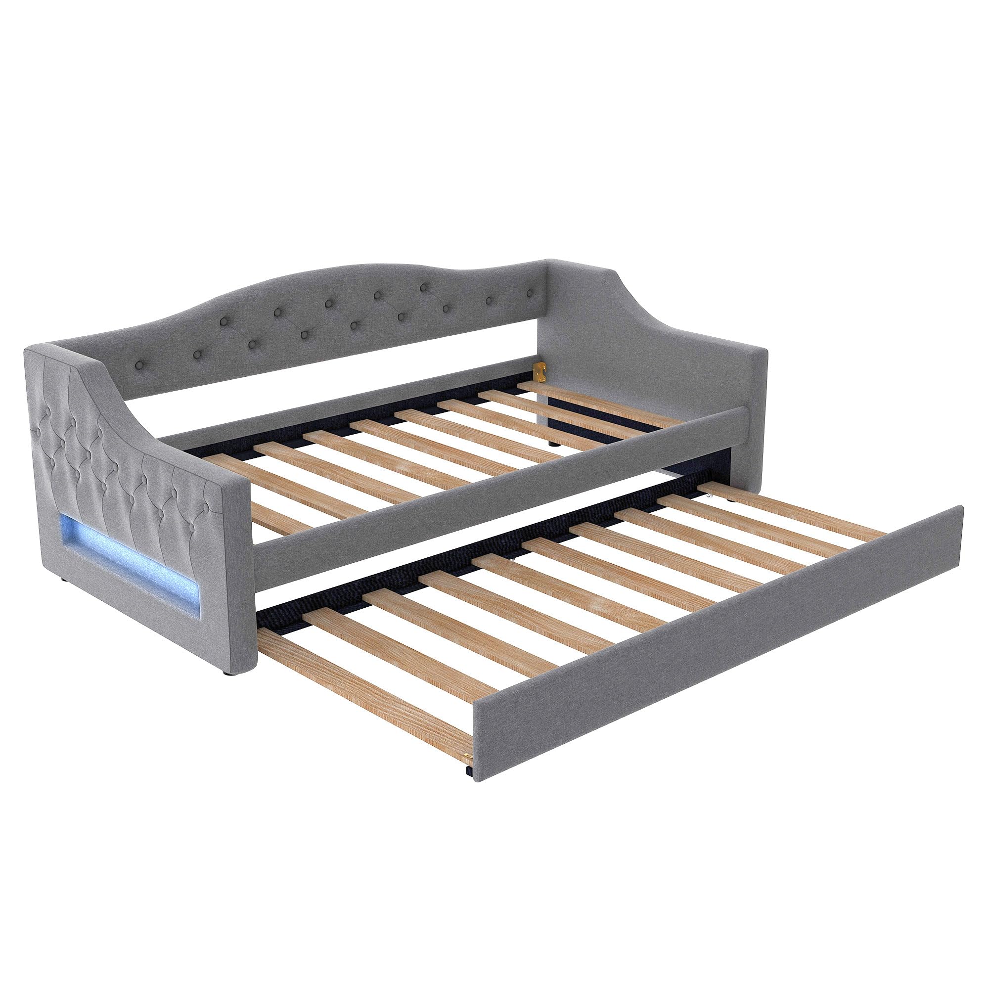 DNYN Twin XL Upholstered Daybed with Trundle(Twin) for Kids,Adults,Solid Wood Bedframe w/Led & Fabric Backrest Design,No Box Spring Needed & Easy Assembly, Gray