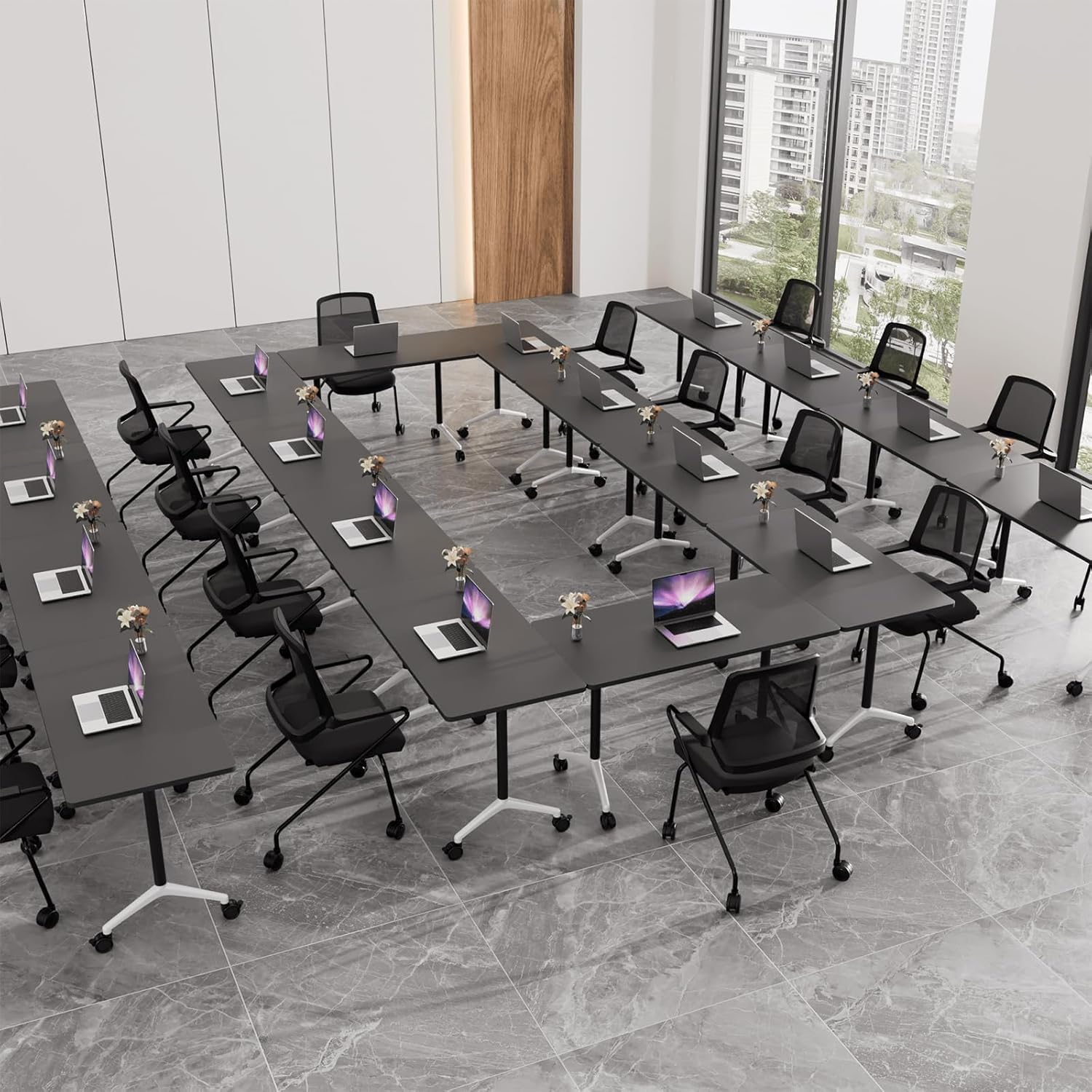 Folding Conference Room Table with Wheels,Flip Top Modular Training Meeting Table,Stackable Mobile Conference Table,Wooden Top Sturdy Frame,Space Saving,for Office,Classroom (4Pack, black, 47.2in)